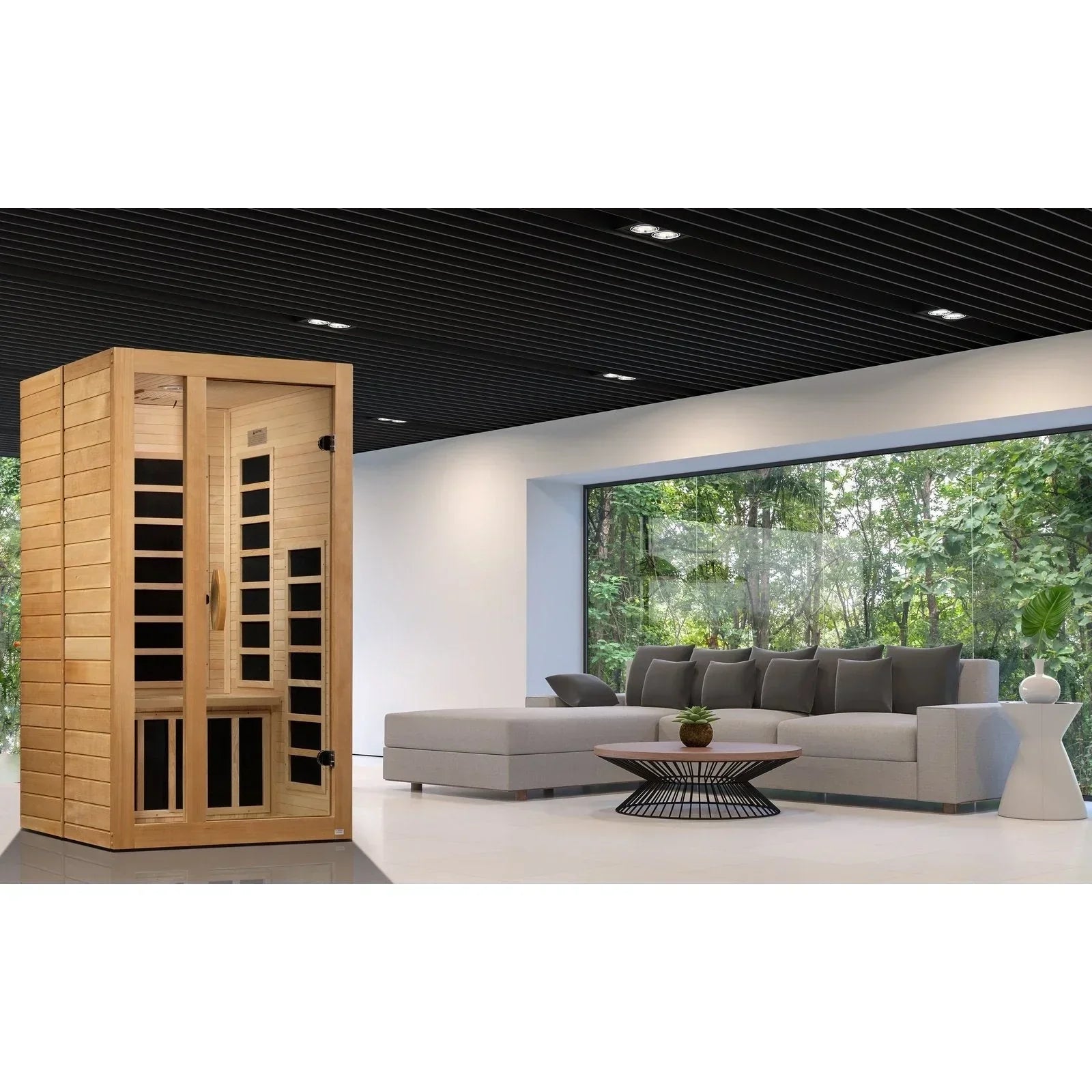 Compact 2-person Dynamic Gracia infrared sauna cabin designed for indoor wellness, stress relief, and muscle recovery
