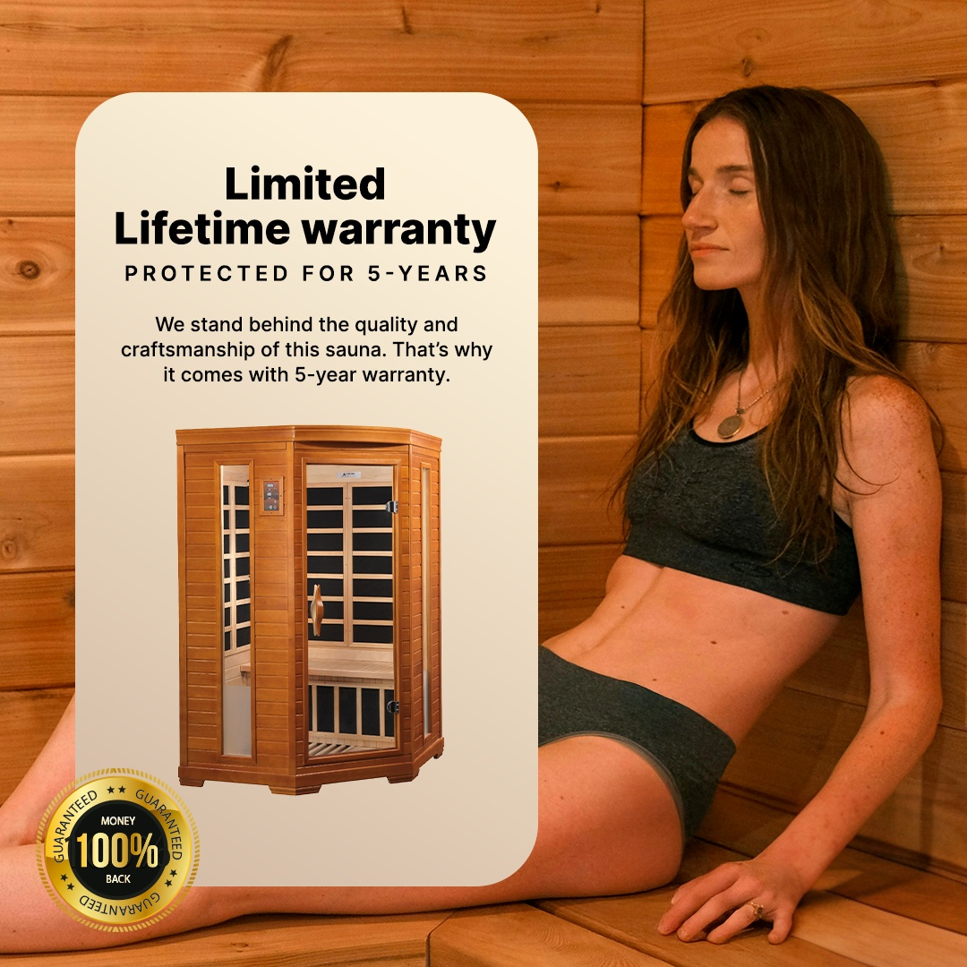Premium corner FAR infrared sauna designed for apartments, basements, and small home spa spaces