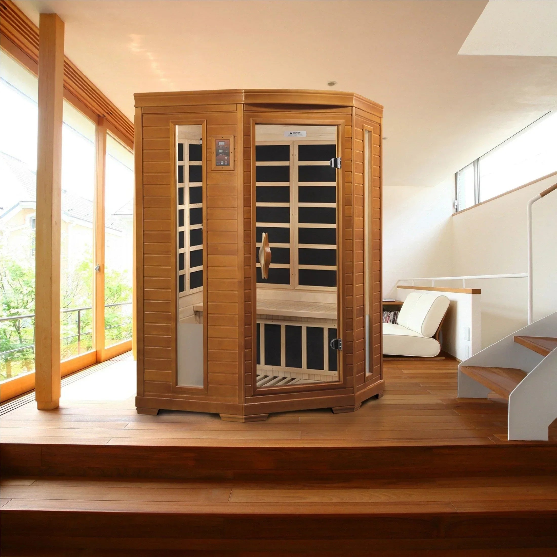 Ultra low EMF infrared corner sauna with ergonomic seating and advanced wellness features