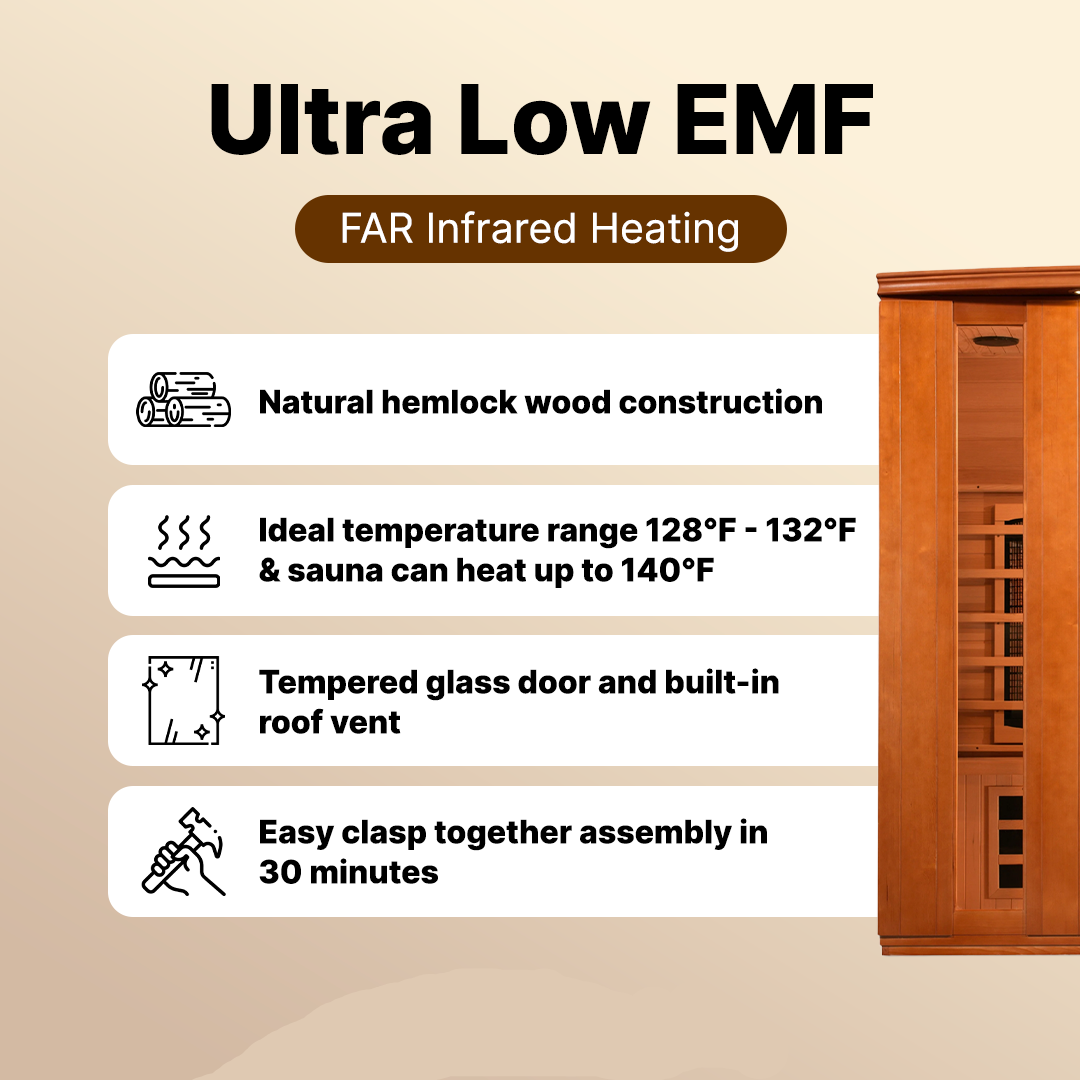 Dynamic Lugano DYN-6336-02 3-person FAR infrared sauna cabin made from eco-friendly Canadian Hemlock with low EMF heaters for safe home spa use