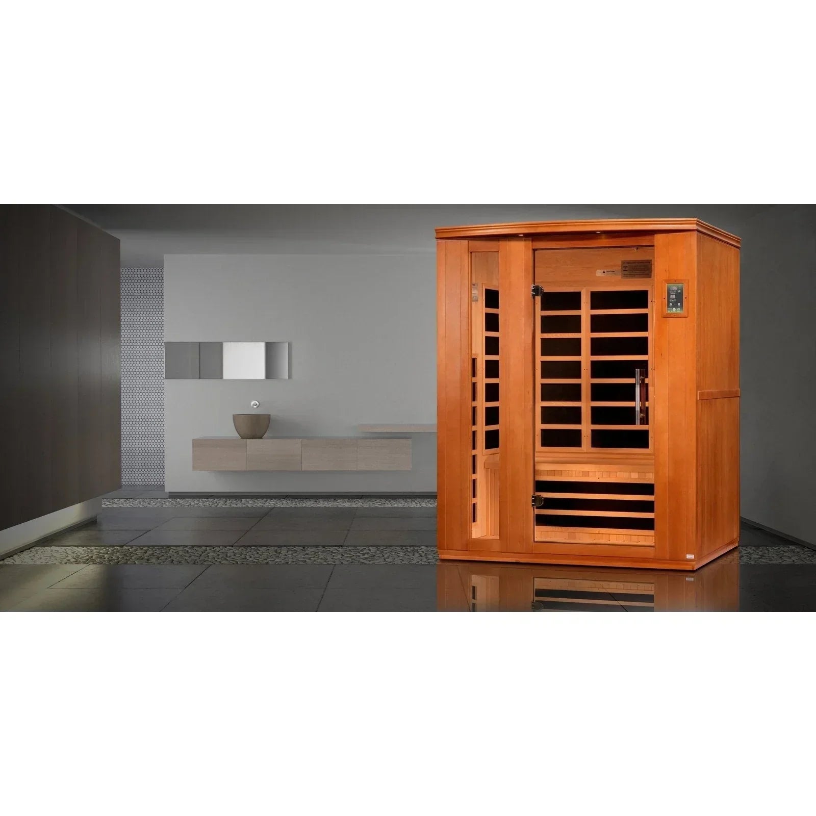 Premium Dynamic Lugano 3-person sauna cabin with ultra low EMF infrared technology, LED chromotherapy lighting, and Bluetooth entertainment system