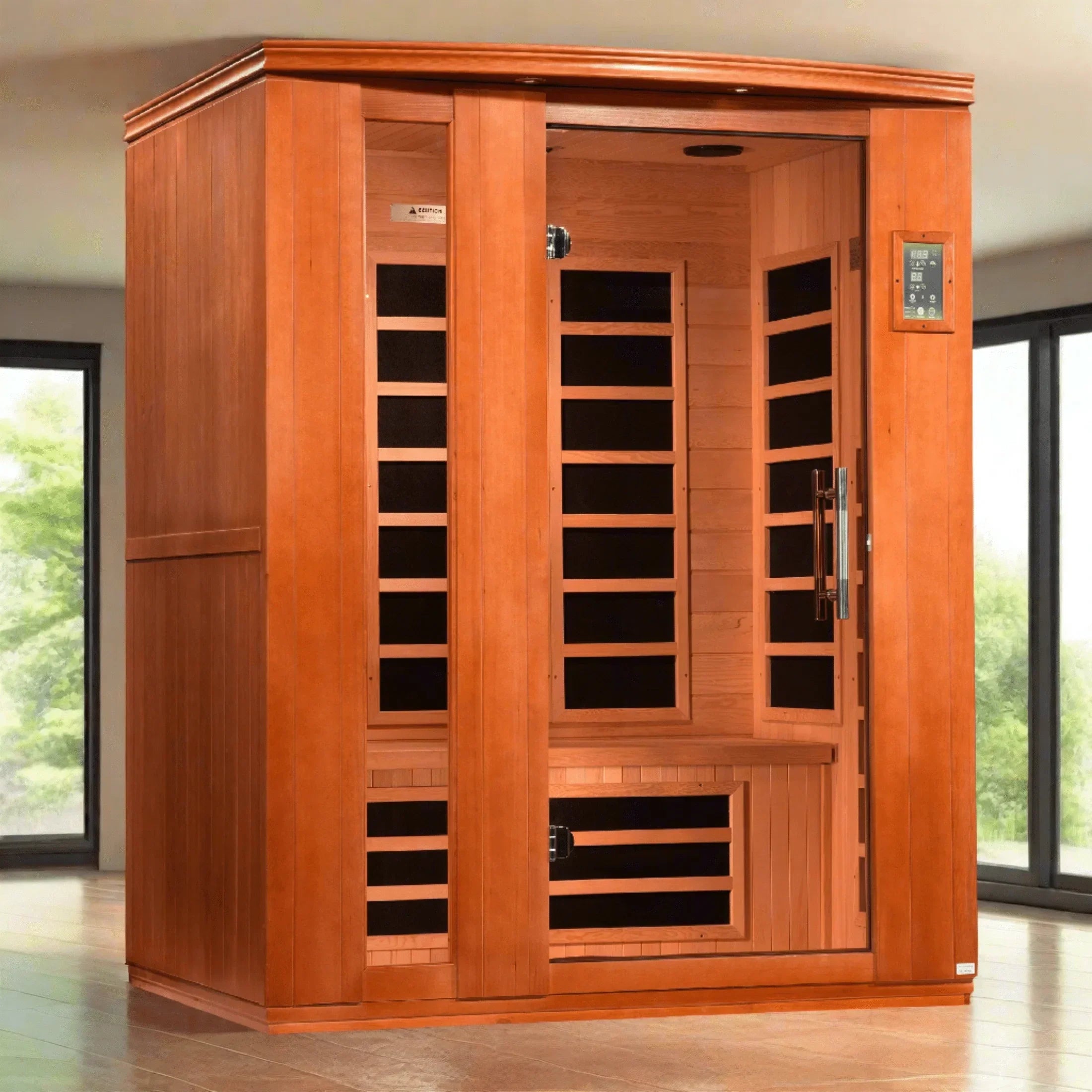 3-person Dynamic Lugano FAR infrared sauna DYN-6336-02 Elite with ultra low EMF PureTech heating system, premium Canadian Hemlock wood, Bluetooth sound system, and chromotherapy lights for indoor home spa relaxation