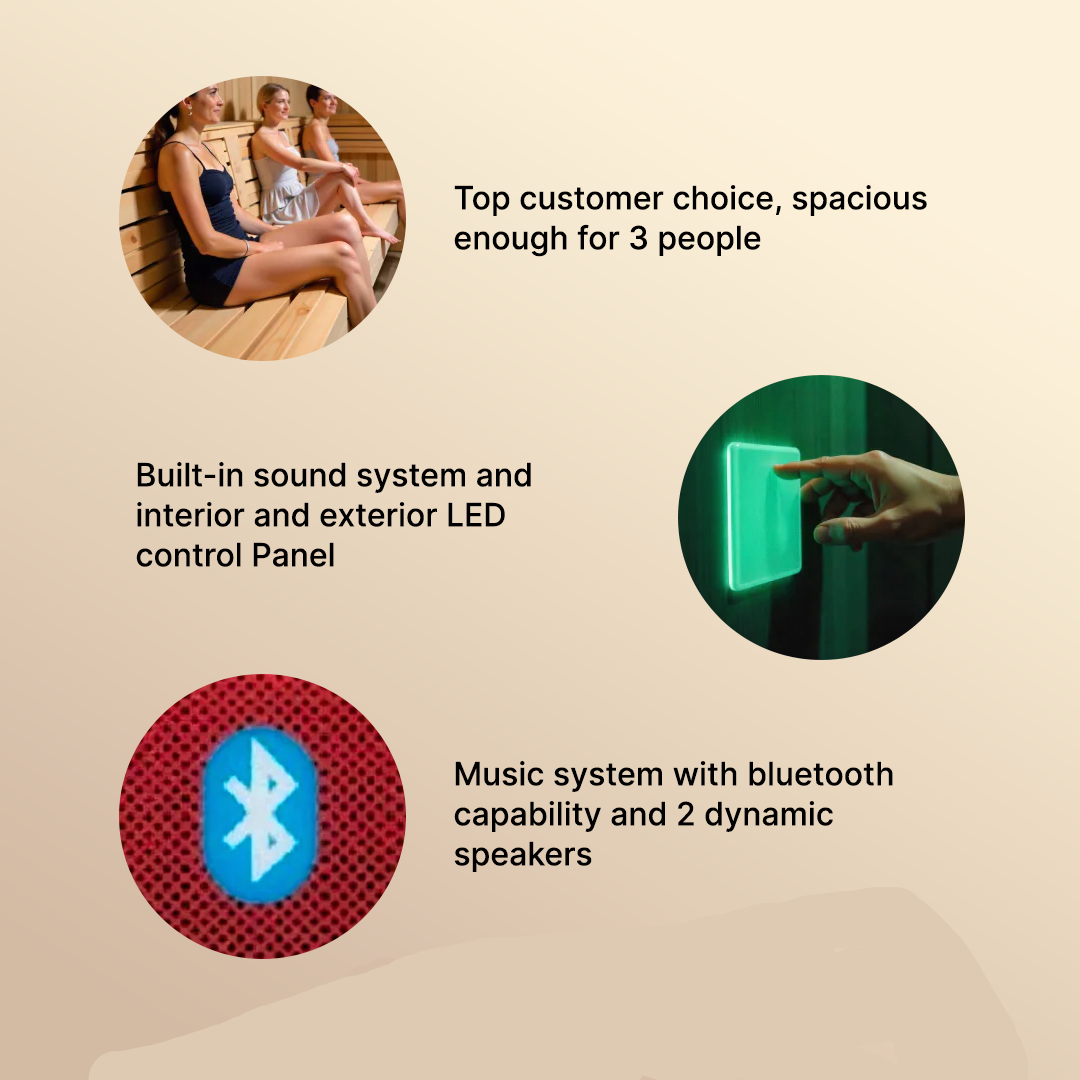 Dynamic Lugano 3-person Ultra Low EMF infrared sauna DYN-6336-02 Elite with Canadian Hemlock, Bluetooth, and chromotherapy lighting
