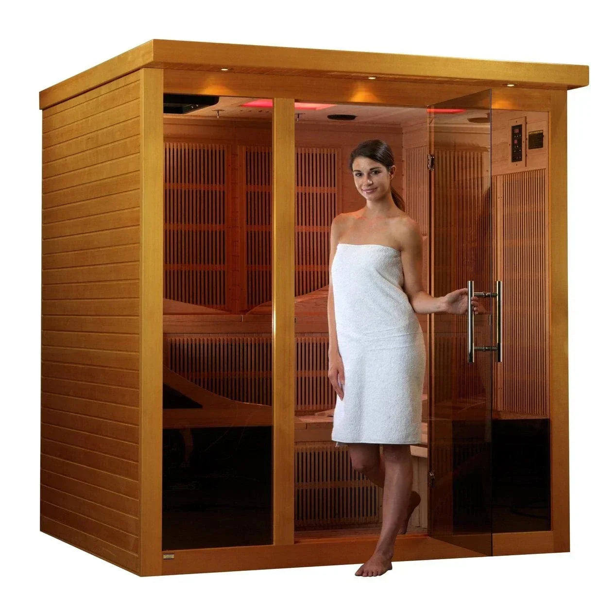 Dynamic Monaco DYN-6996-01 Elite infrared sauna for 6 people with chromotherapy lighting, MP3 audio system, and indoor home spa use
