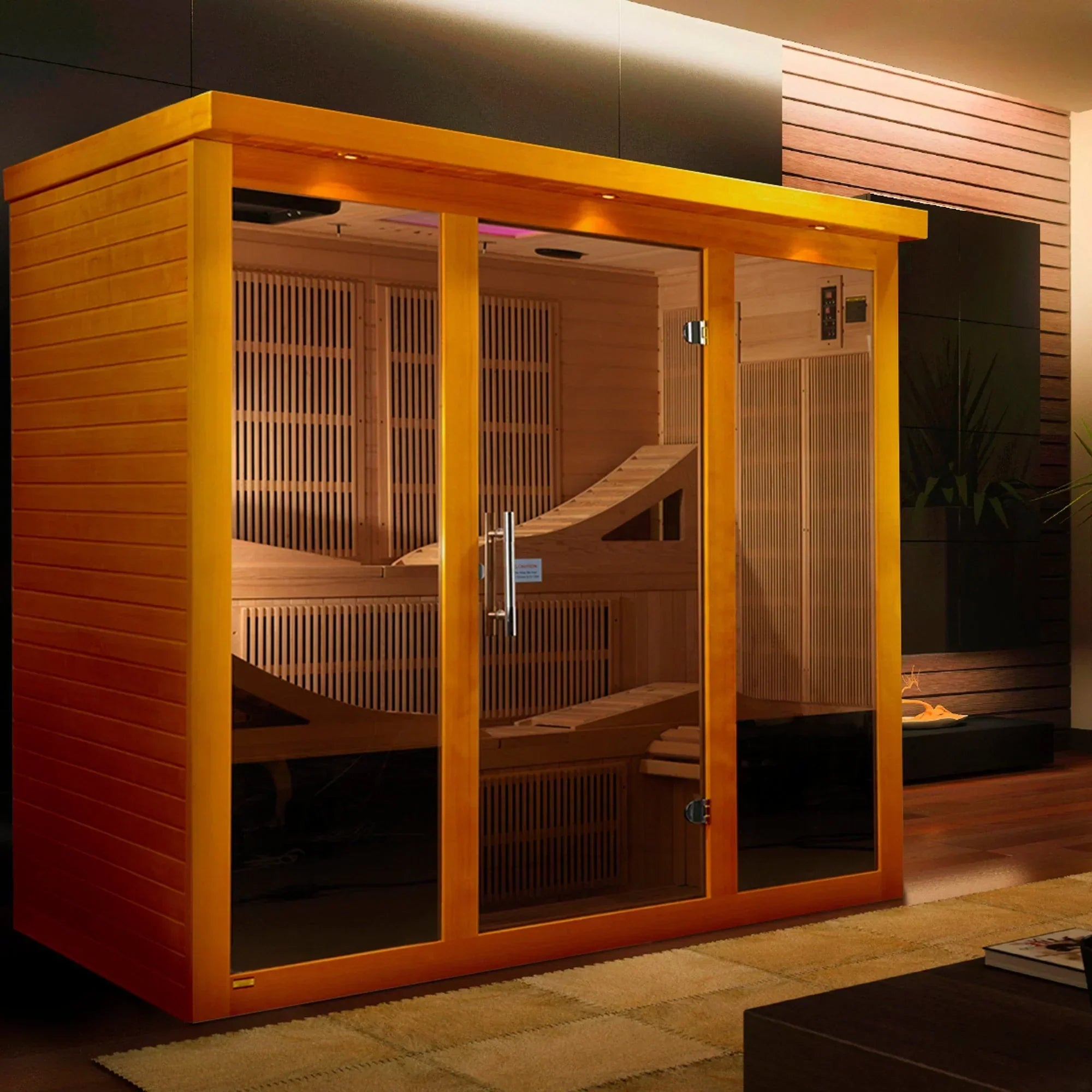 Dynamic Monaco FAR infrared sauna for home use with chromotherapy lighting and built-in entertainment system including LCD screen and radio