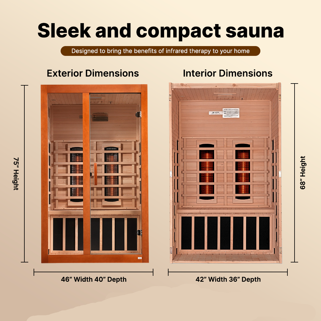 2-person Dynamic Santiago full spectrum infrared sauna with Bluetooth speakers, chromotherapy lights, and glass door design