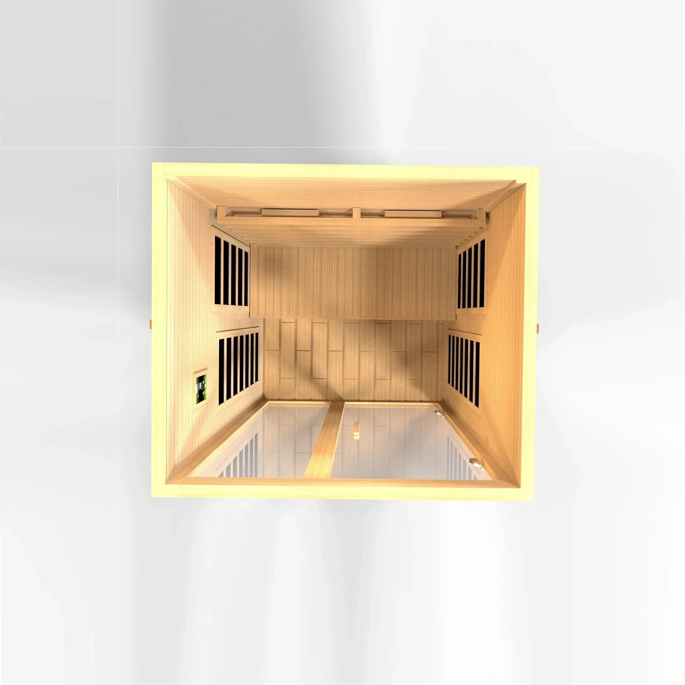 2-person infrared sauna Dynamic Santiago with full spectrum heaters, privacy glass door, and modern home spa aesthetic