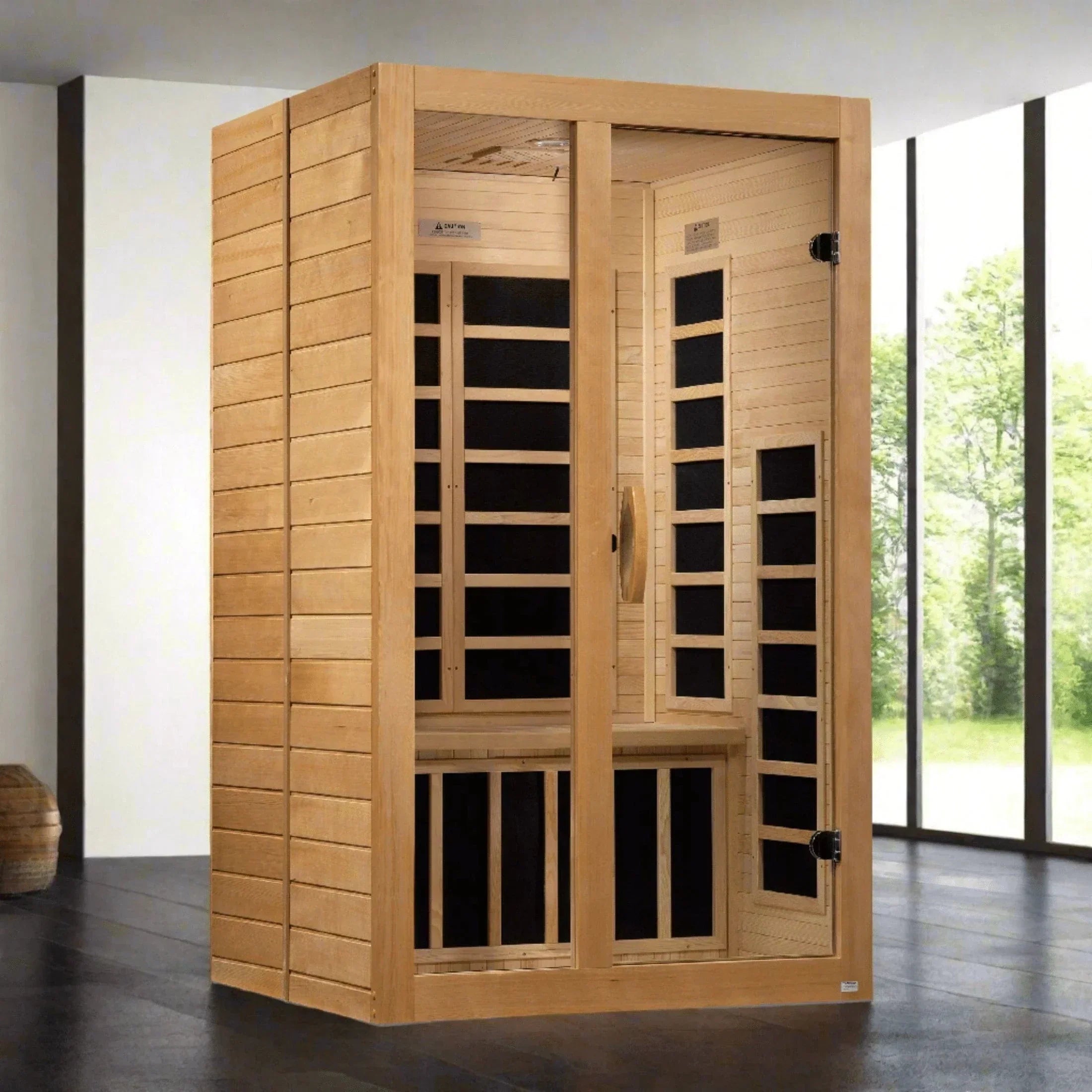 Dynamic Santiago 2-Person Infrared Sauna DYN-6209-01 with Low EMF FAR technology, Canadian Hemlock wood construction, and built-in Bluetooth audio system for home spa relaxation.