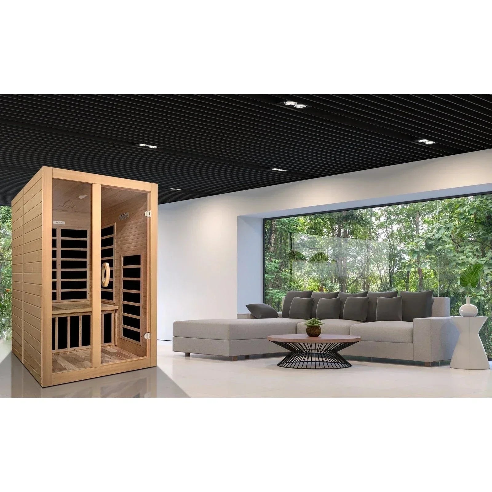 Dynamic Santiago indoor sauna for two people with Low EMF FAR infrared panels, Bluetooth sound system, and chromotherapy lighting for full-body relaxation.