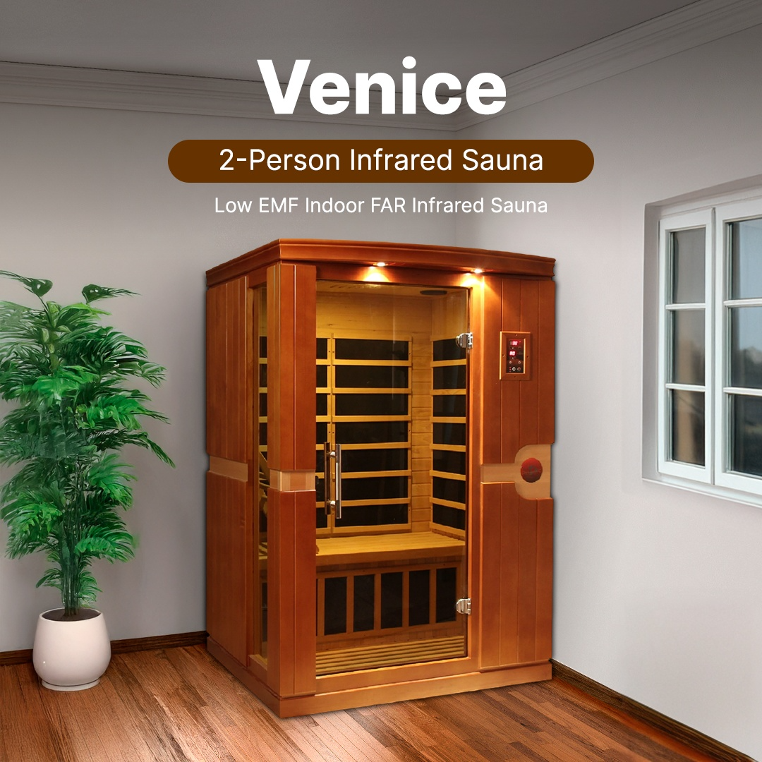 Dynamic Venice 2-person Low EMF FAR infrared sauna cabin DYN-6210-01 built from Canadian Hemlock wood for stress relief and full body wellness
