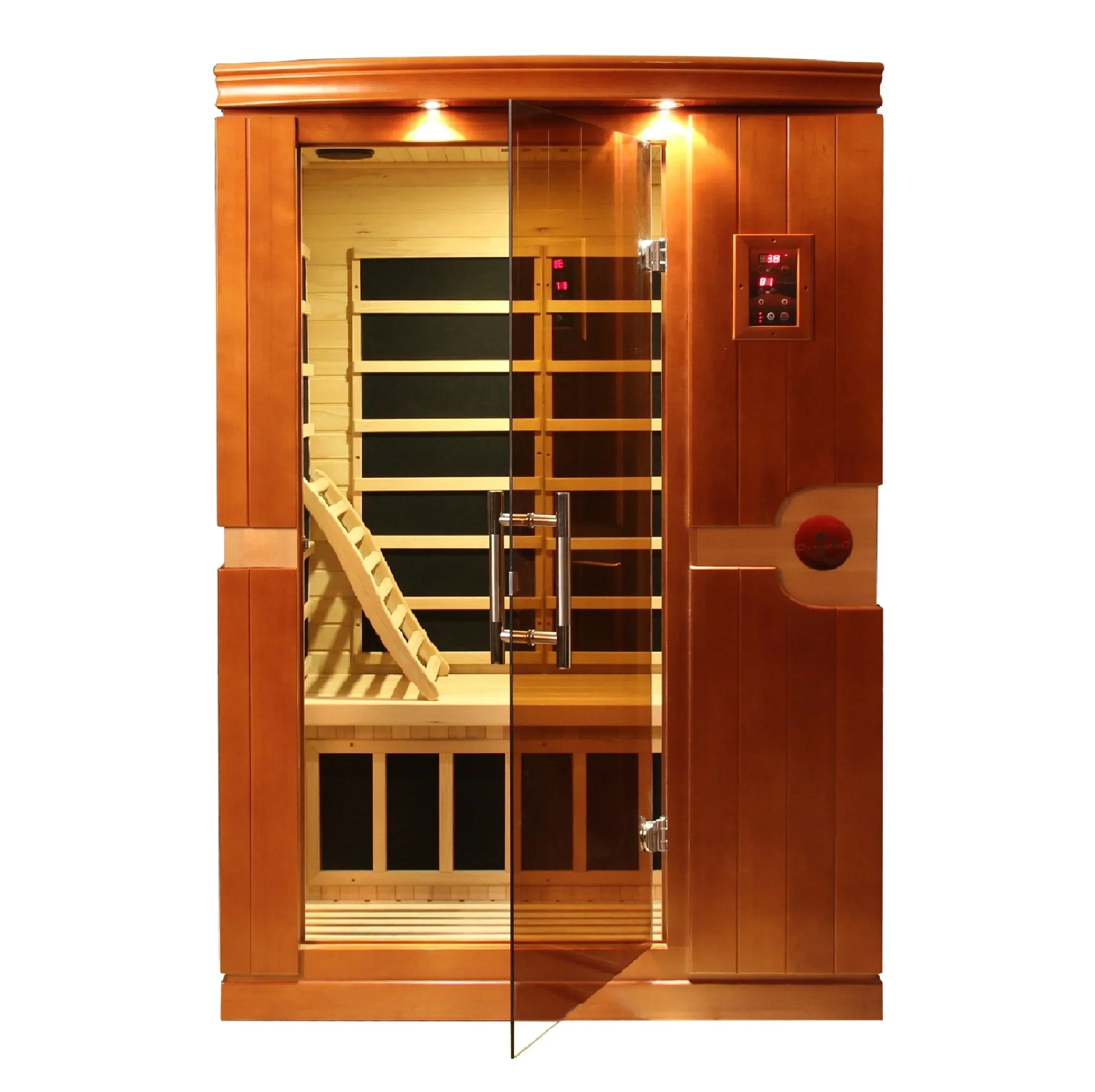 Dynamic Venice Elite 2-person Ultra Low EMF FAR infrared sauna DYN-6210-01 made with eco-friendly Canadian Hemlock wood, PureTech ultra-low EMF heating system, Bluetooth audio, and chromotherapy lighting for modern indoor home wellness and relaxation.