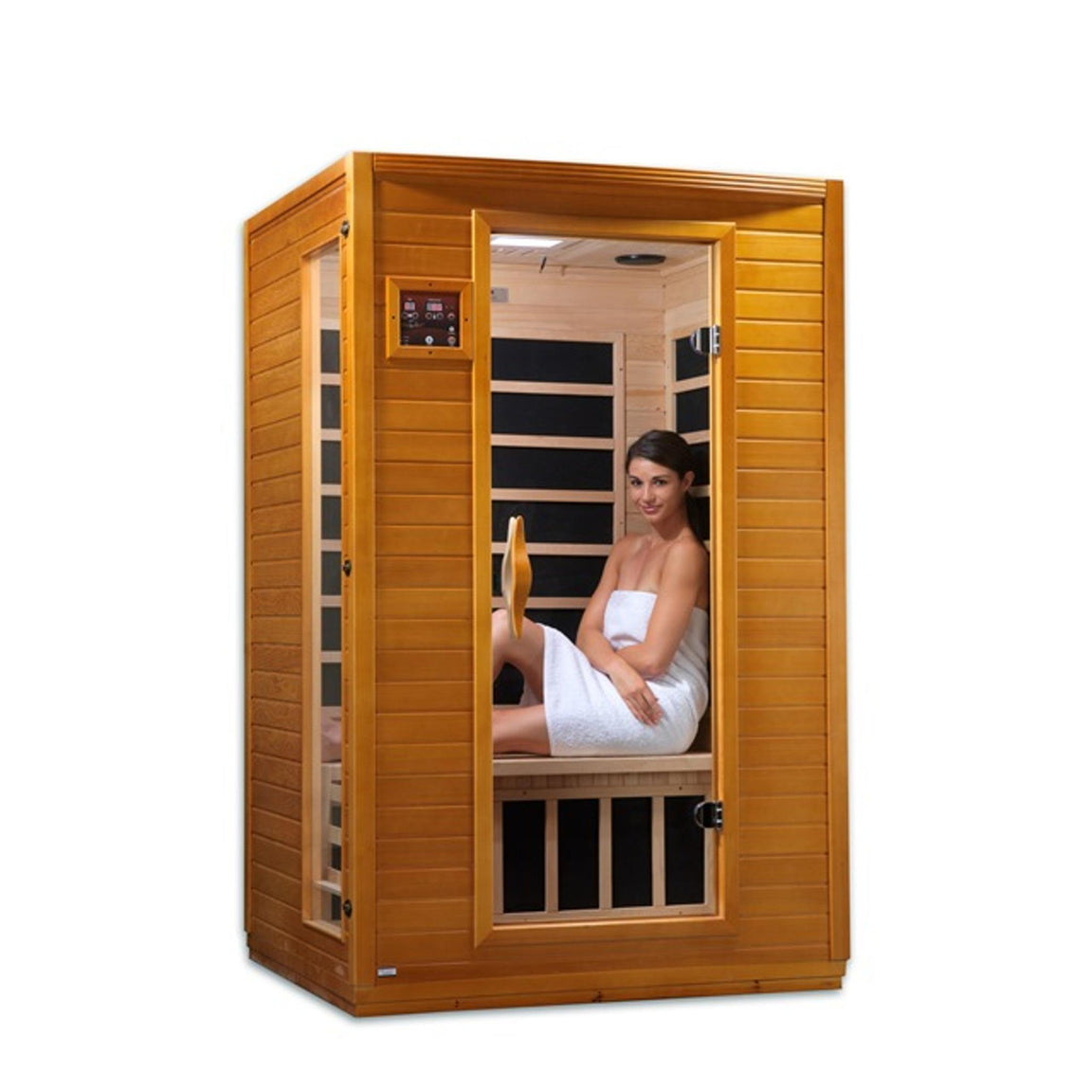 Home 2-person infrared sauna with FAR infrared therapy, wooden cabin design, and energy-efficient low EMF heating system