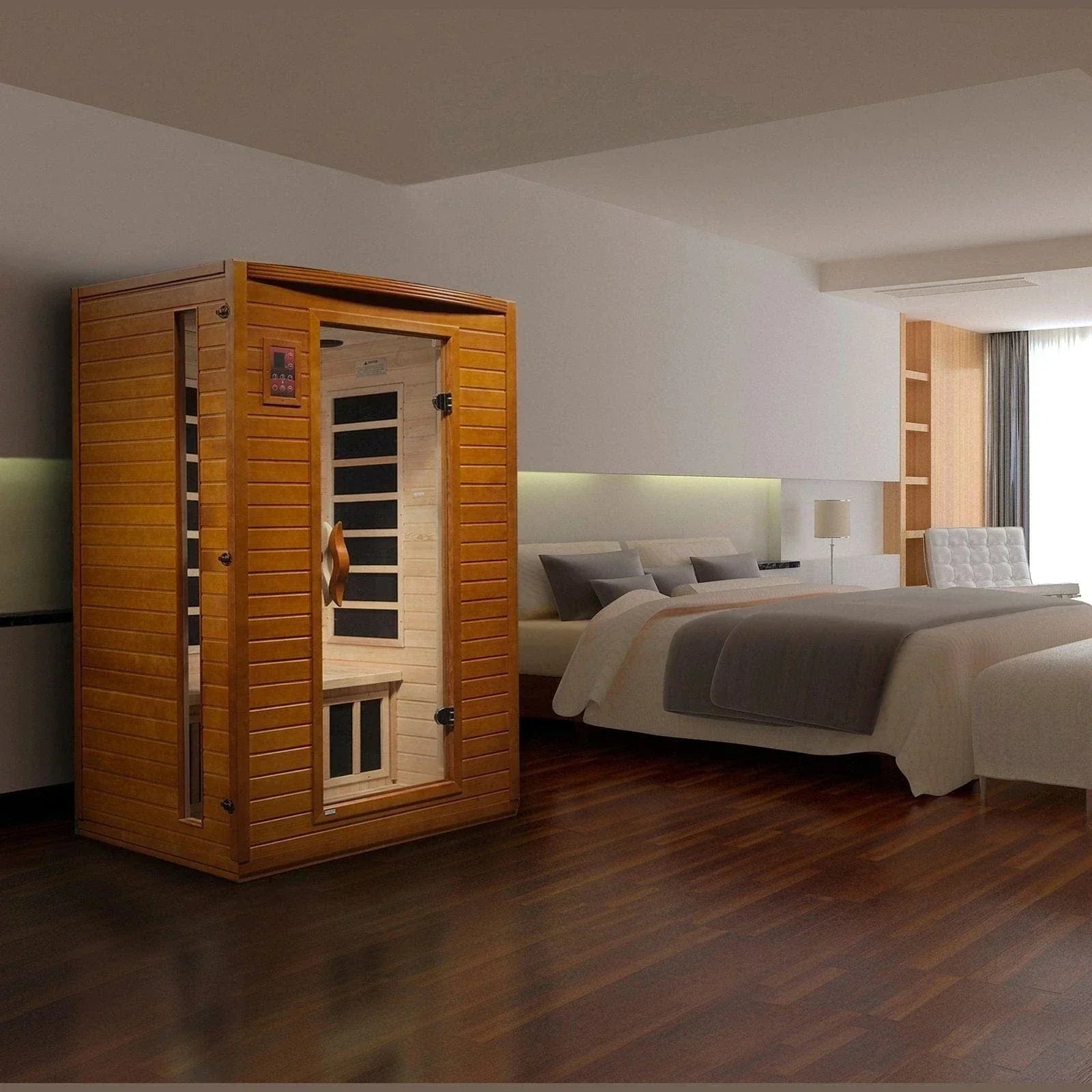 Compact 2-person indoor infrared sauna with low EMF technology, designed for stress relief, muscle recovery, and daily wellness use