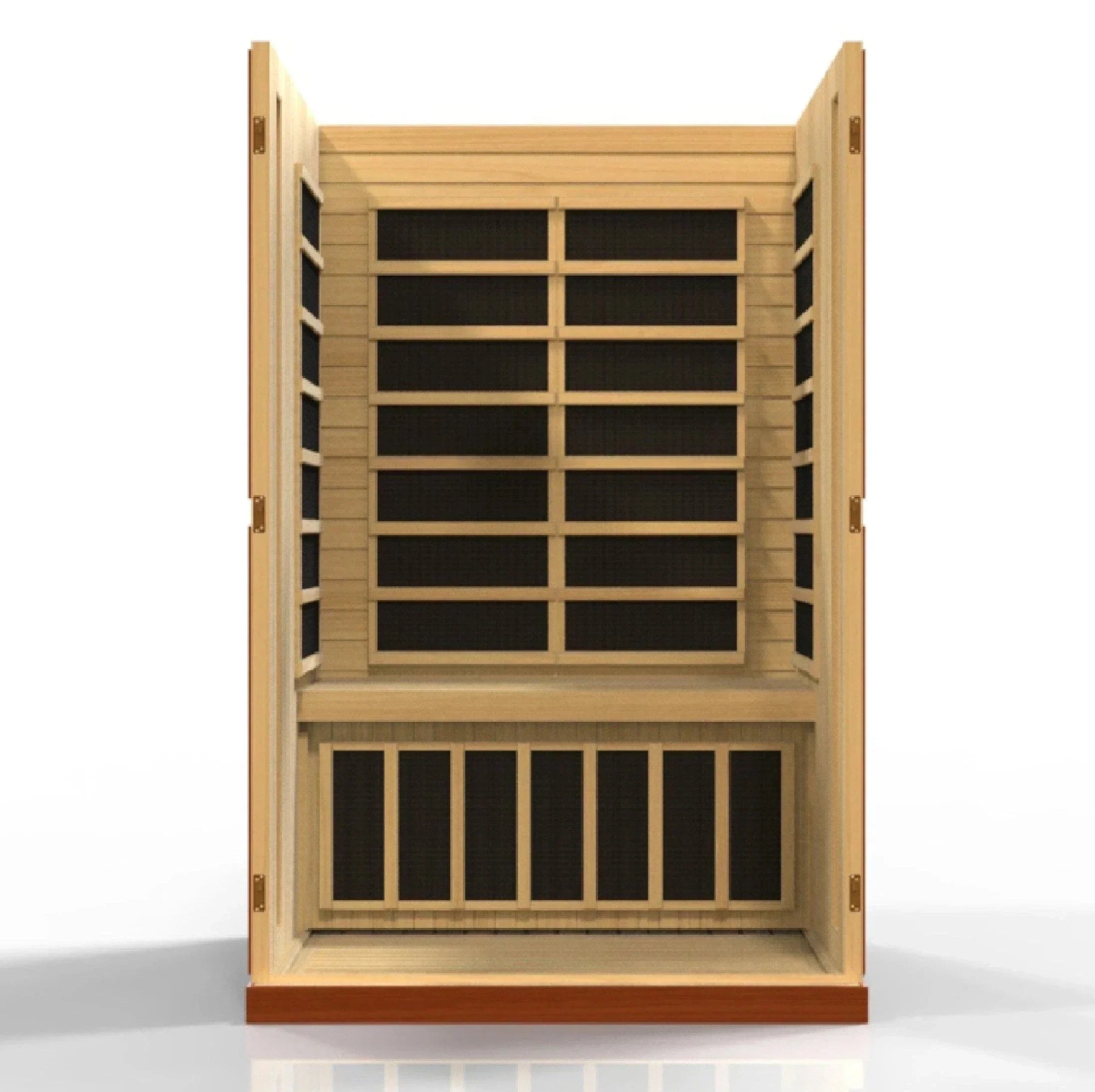 Dynamic Vittoria infrared sauna DYN-6220-01 for two persons featuring low EMF FAR infrared panels, natural Canadian hemlock wood, built-in Bluetooth audio, and LED chromotherapy lighting system