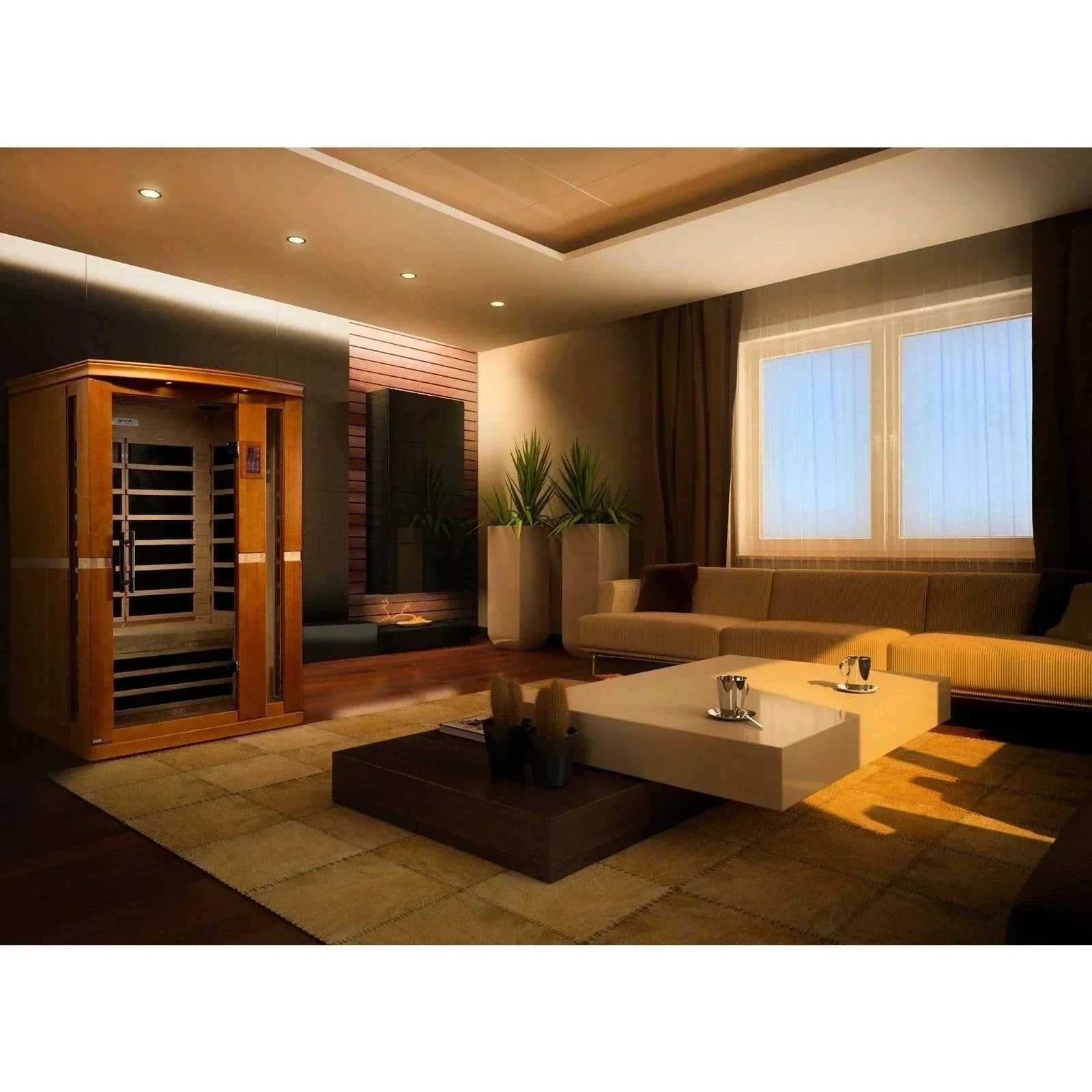 2-person Dynamic Vittoria low EMF FAR infrared sauna cabin made from eco-friendly Canadian hemlock wood with modern wellness features, ideal for indoor home spa, gym, or bathroom