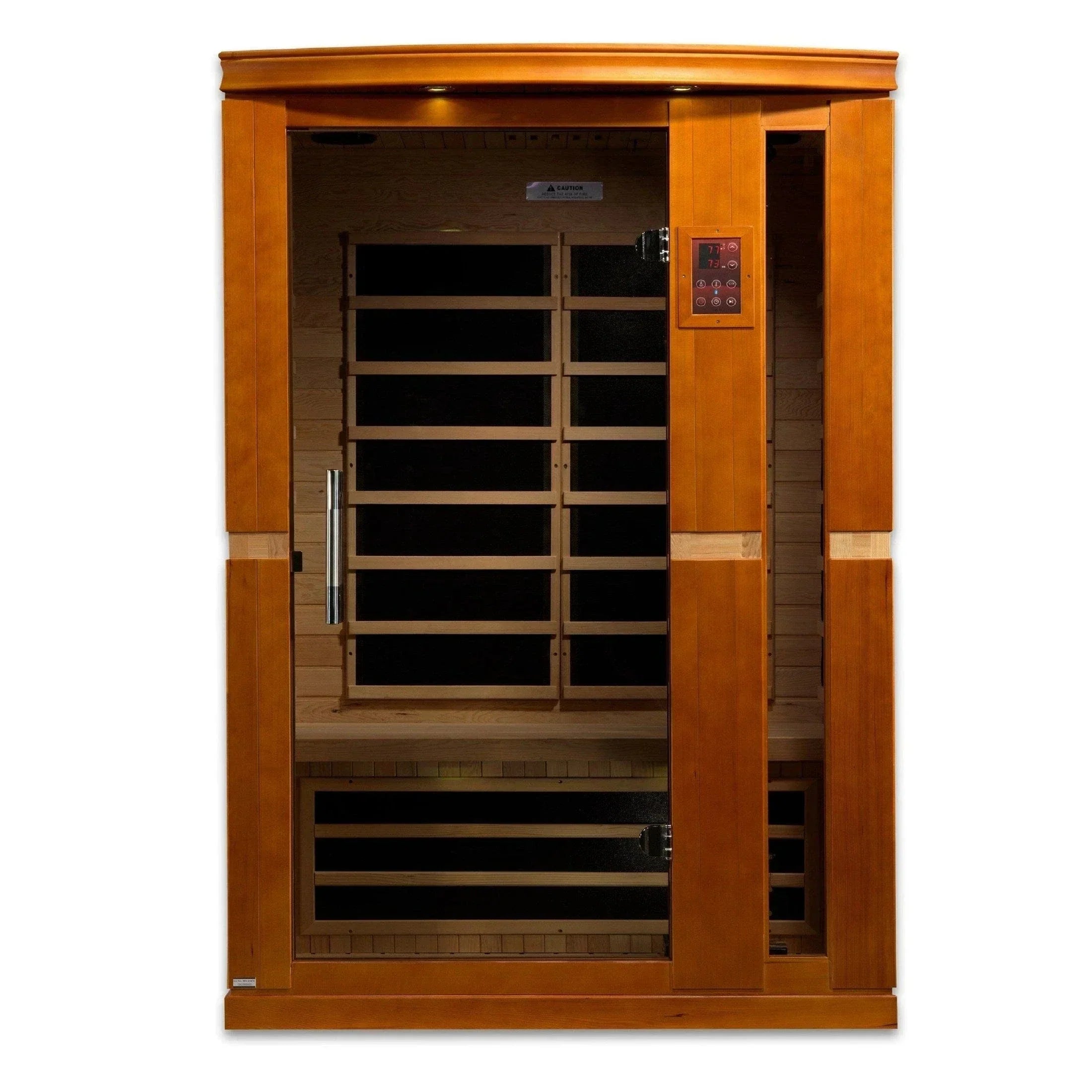 Dynamic Vittoria DYN-6220-01 2-person FAR infrared sauna with low EMF heating technology, Canadian hemlock wood construction, Bluetooth sound system, and chromotherapy interior lighting for home spa relaxation