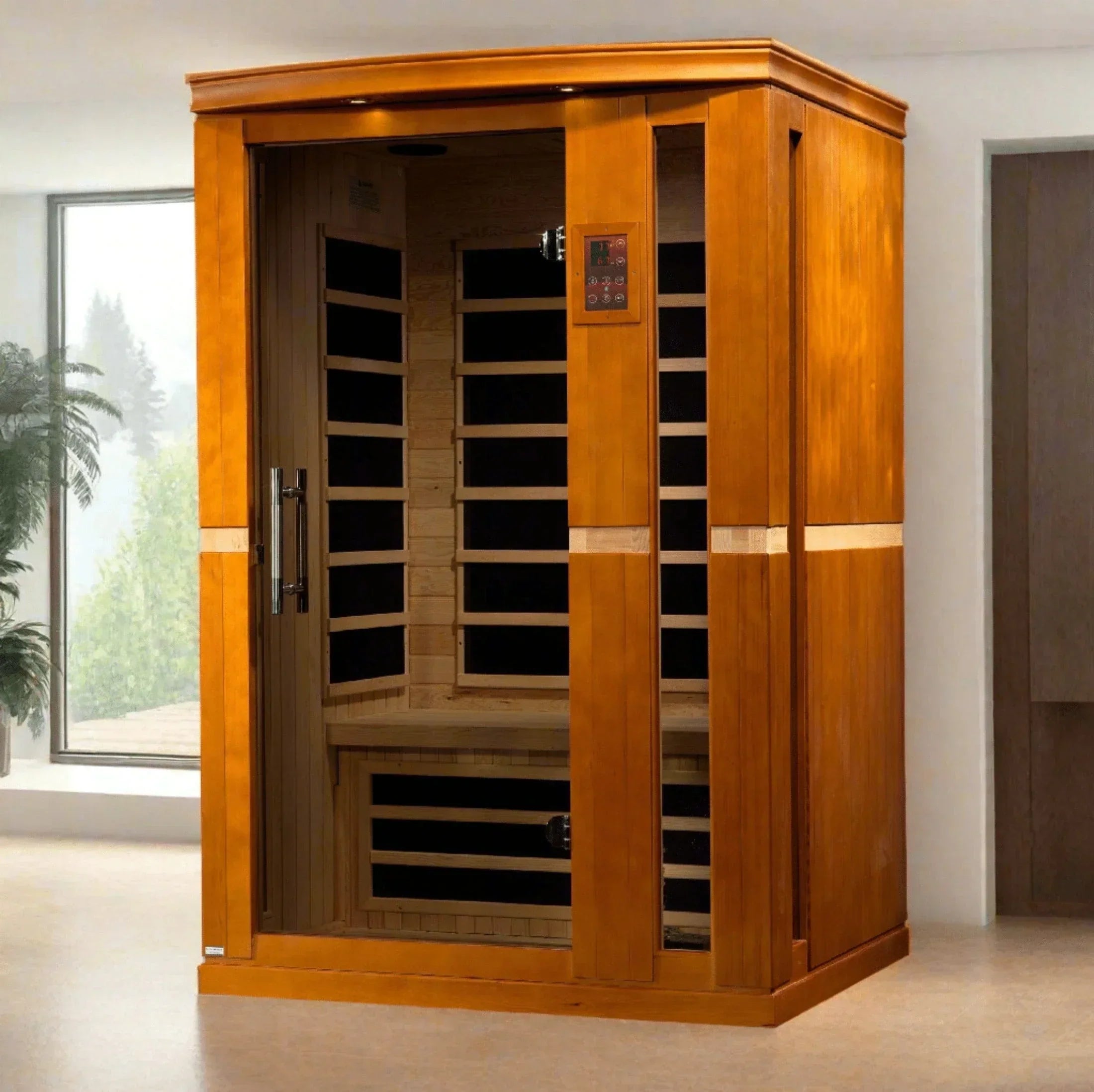 Dynamic Vittoria 2-person low EMF (under 8 MG) FAR infrared sauna DYN-6220-01 crafted with Canadian hemlock wood featuring modern indoor spa design, Bluetooth speakers, and chromotherapy lighting