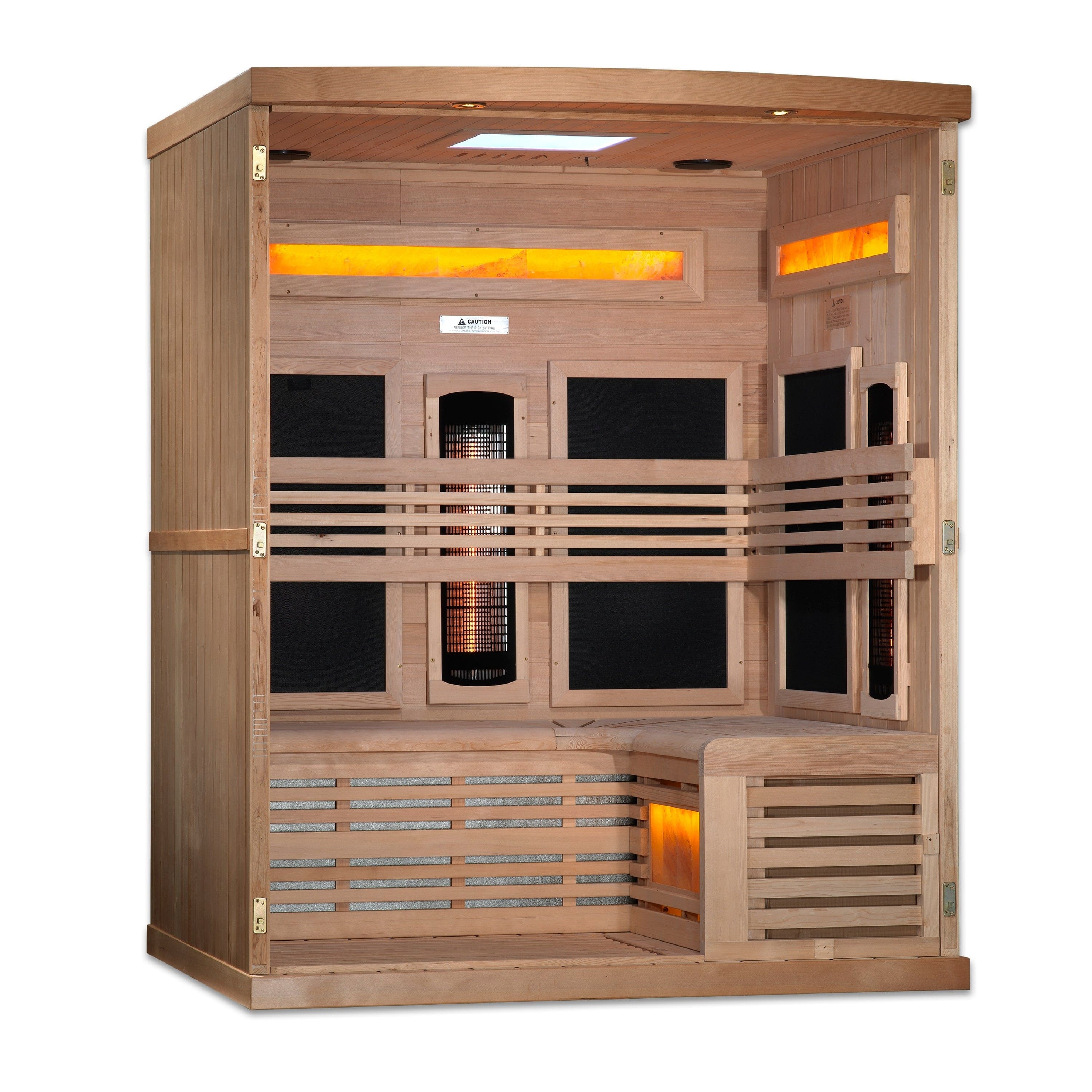 Golden Designs Reserve Edition GDI-8230-01 three-person full spectrum infrared sauna crafted from Canadian Hemlock with Himalayan salt bars and wellness-enhancing features.