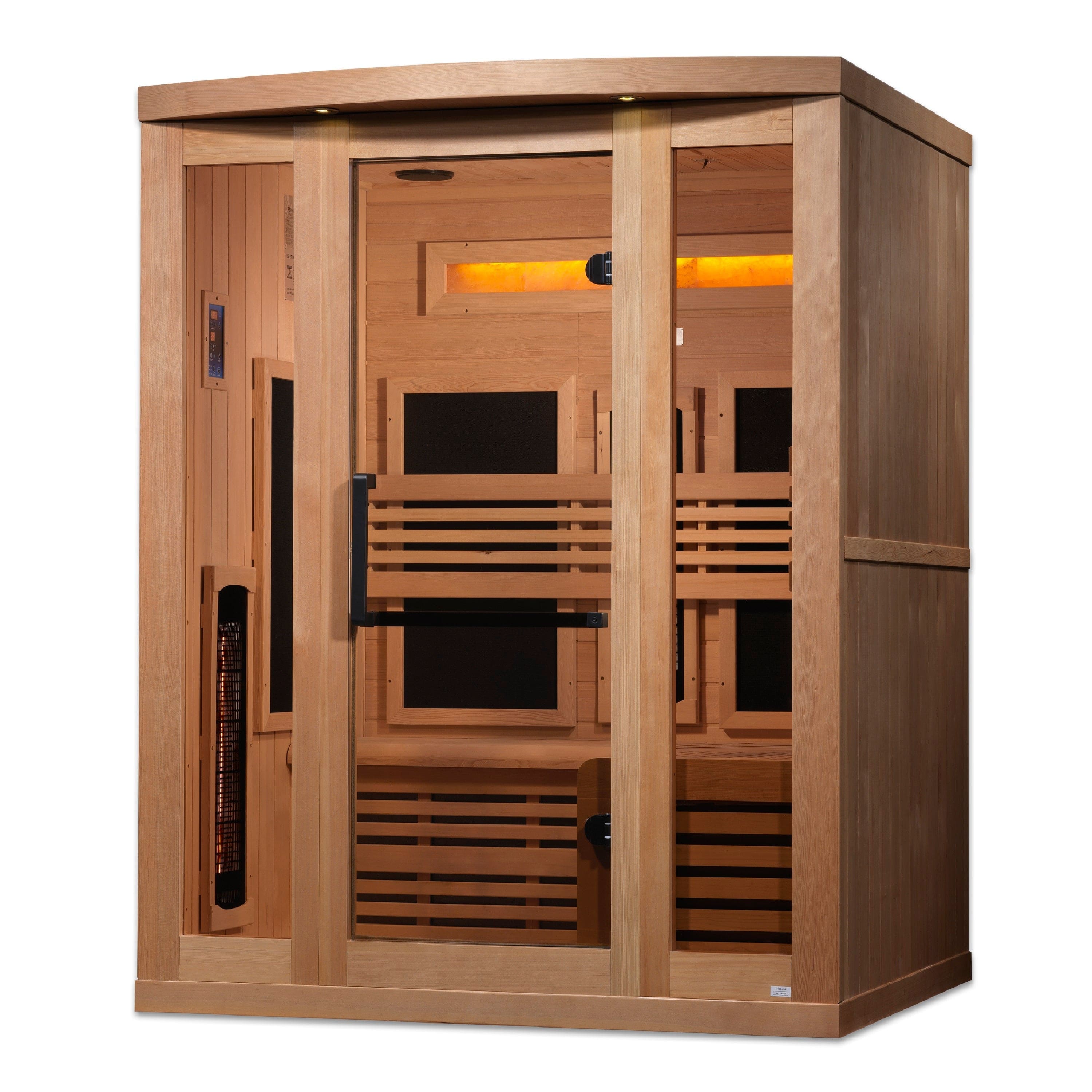 Interior view of Golden Designs Reserve Edition GDI-8230-01 Full Spectrum Sauna showcasing spacious three-person seating, Himalayan salt bars, Canadian Hemlock wood craftsmanship, and advanced infrared wellness features.
