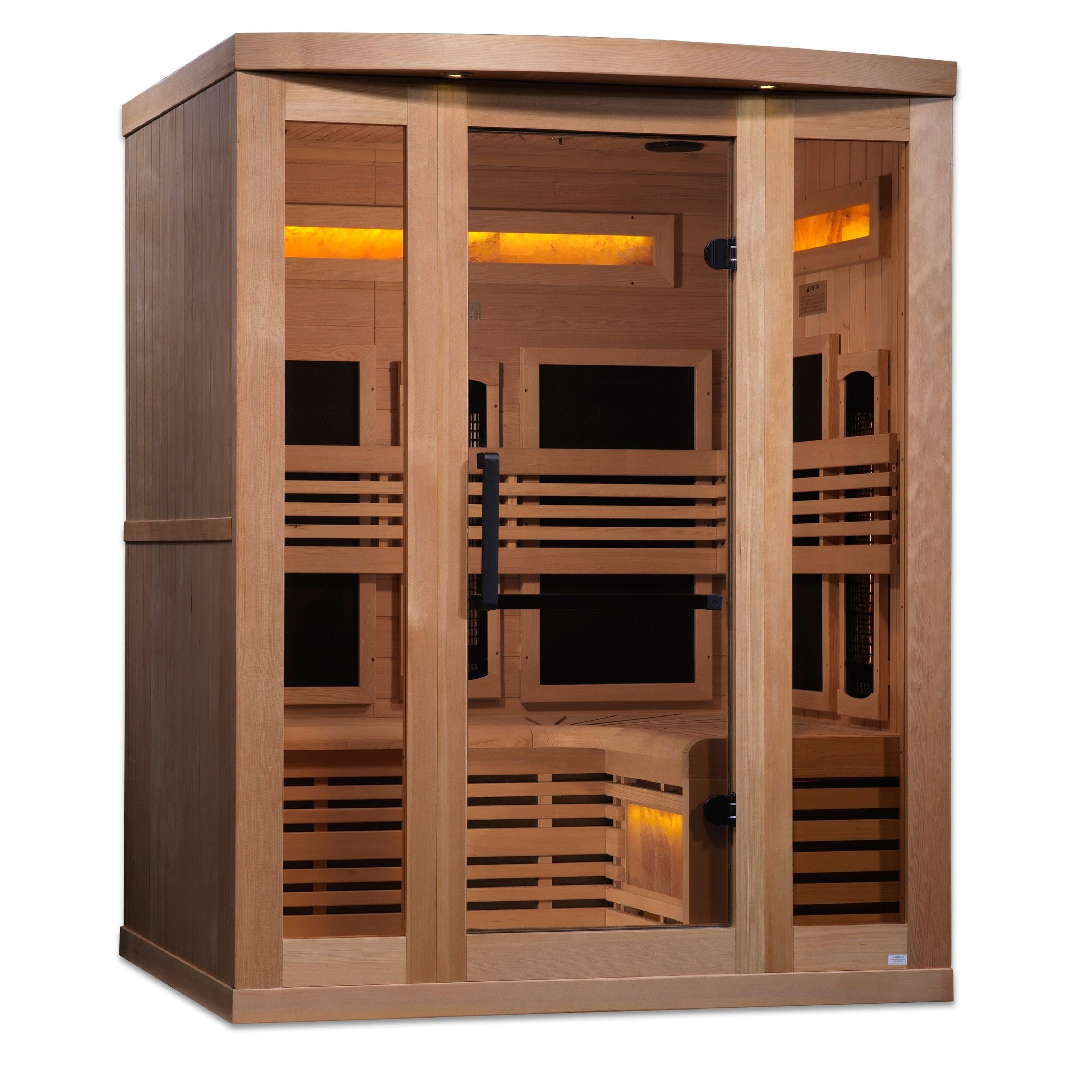 Golden Designs Reserve Edition GDI-8230-01 Full Spectrum Infrared Sauna for 3 people featuring Canadian Hemlock construction, Himalayan salt bars, chromotherapy lighting, and modern wellness-focused design.