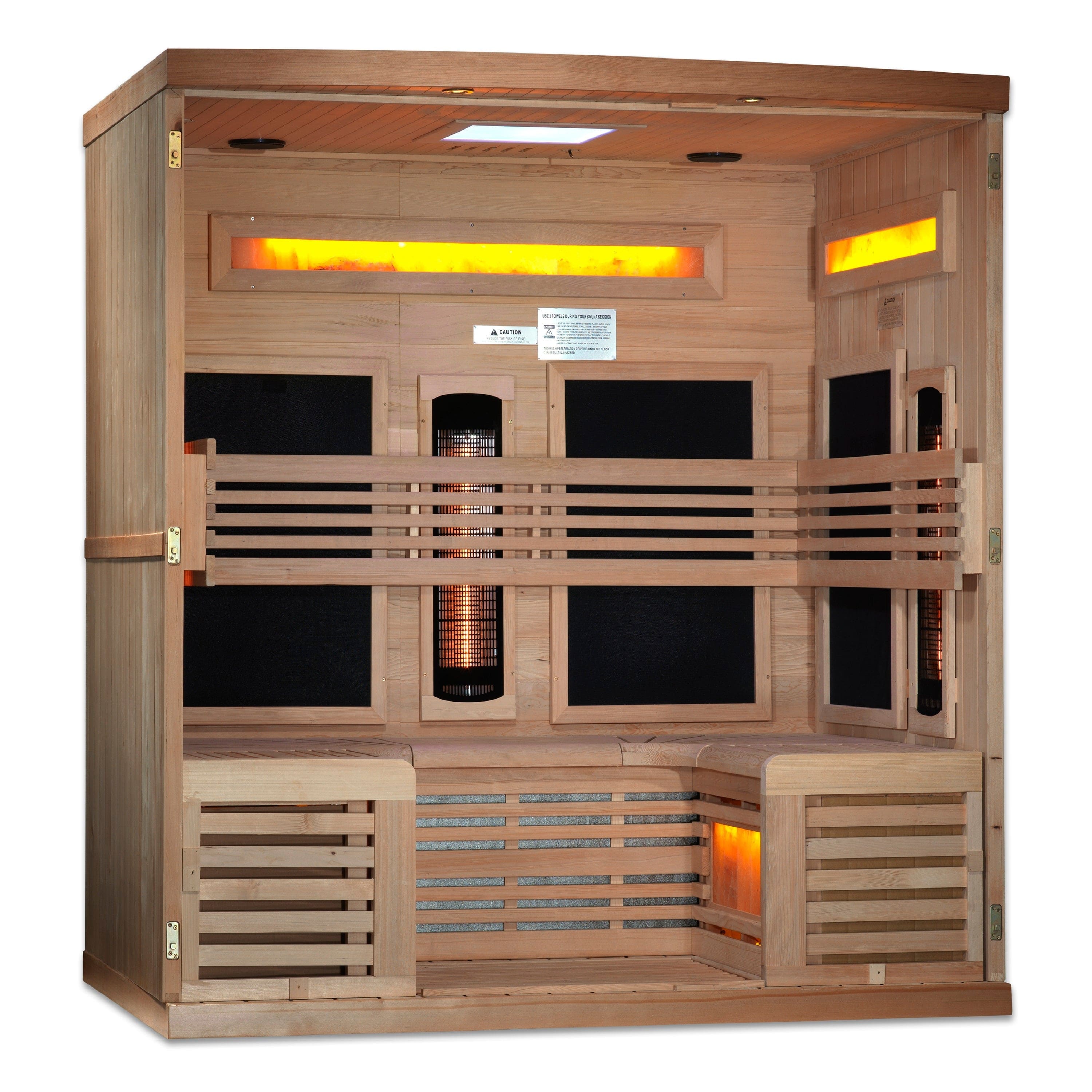 Golden Designs Reserve Edition 6-person full spectrum infrared sauna with Himalayan salt bars, chromotherapy lighting, and Bluetooth audio system for home wellness