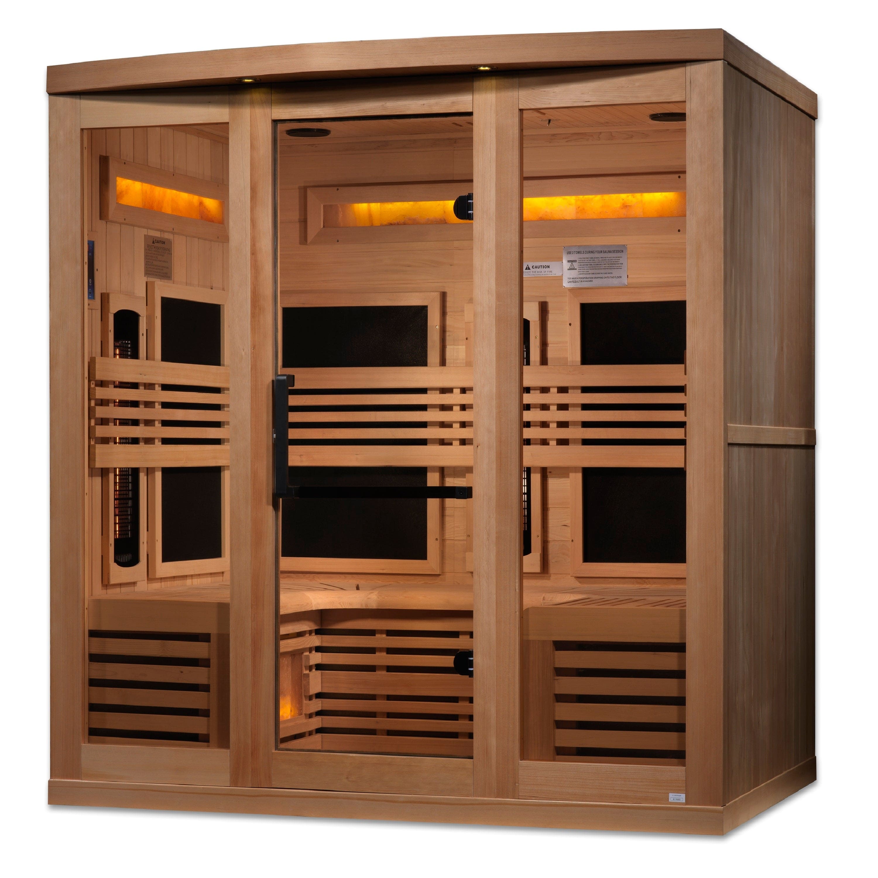 Golden Designs Reserve Edition GDI-8260-01 6-person indoor full spectrum infrared sauna crafted from Canadian hemlock wood, featuring Himalayan salt bars, chromotherapy lighting, and Bluetooth MP3 connectivity for premium home wellness and relaxation.