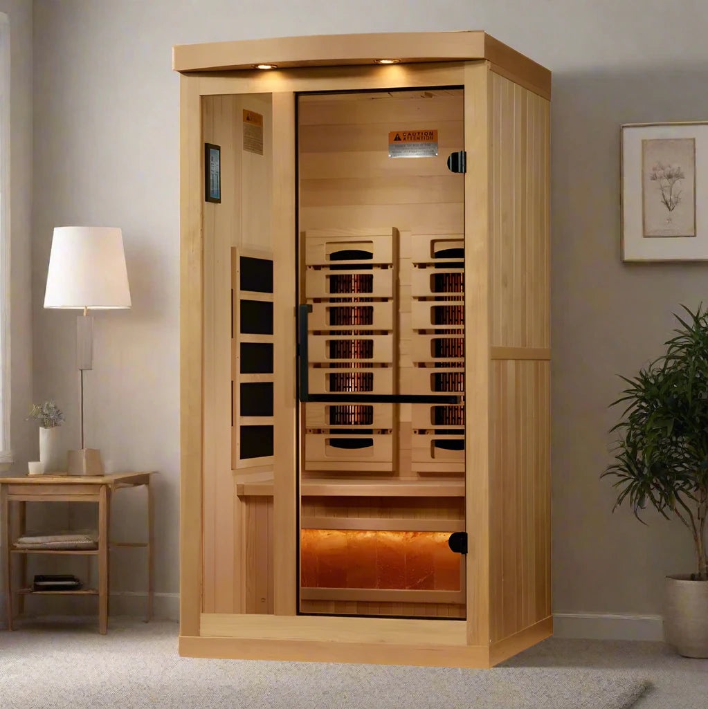 Compact luxury infrared sauna by Golden Designs with Himalayan Salt Bar, designed for 1-2 users seeking premium wellness at home.