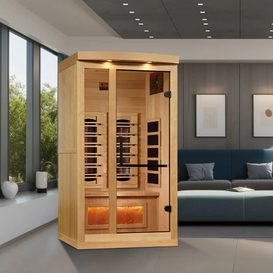 Golden Designs 2025 Reserve Edition home sauna with full spectrum infrared heaters and Himalayan Salt Bar for relaxation and recovery.