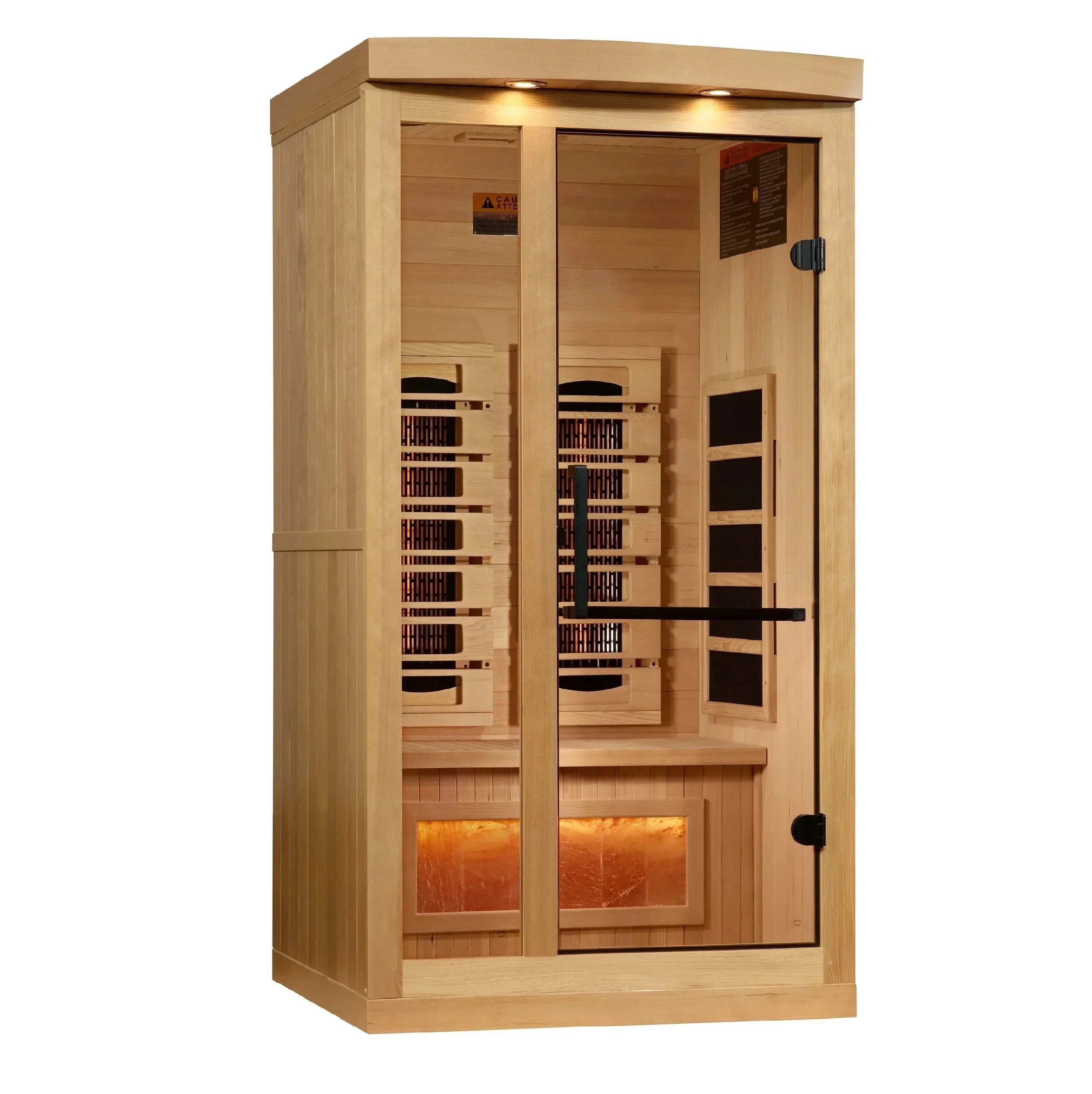 Golden Designs 2025 Reserve Edition 1-2 Person Full Spectrum Infrared Sauna with Himalayan Salt Bar, modern indoor wellness sauna designed for deep relaxation, heat therapy, and premium home spa comfort.