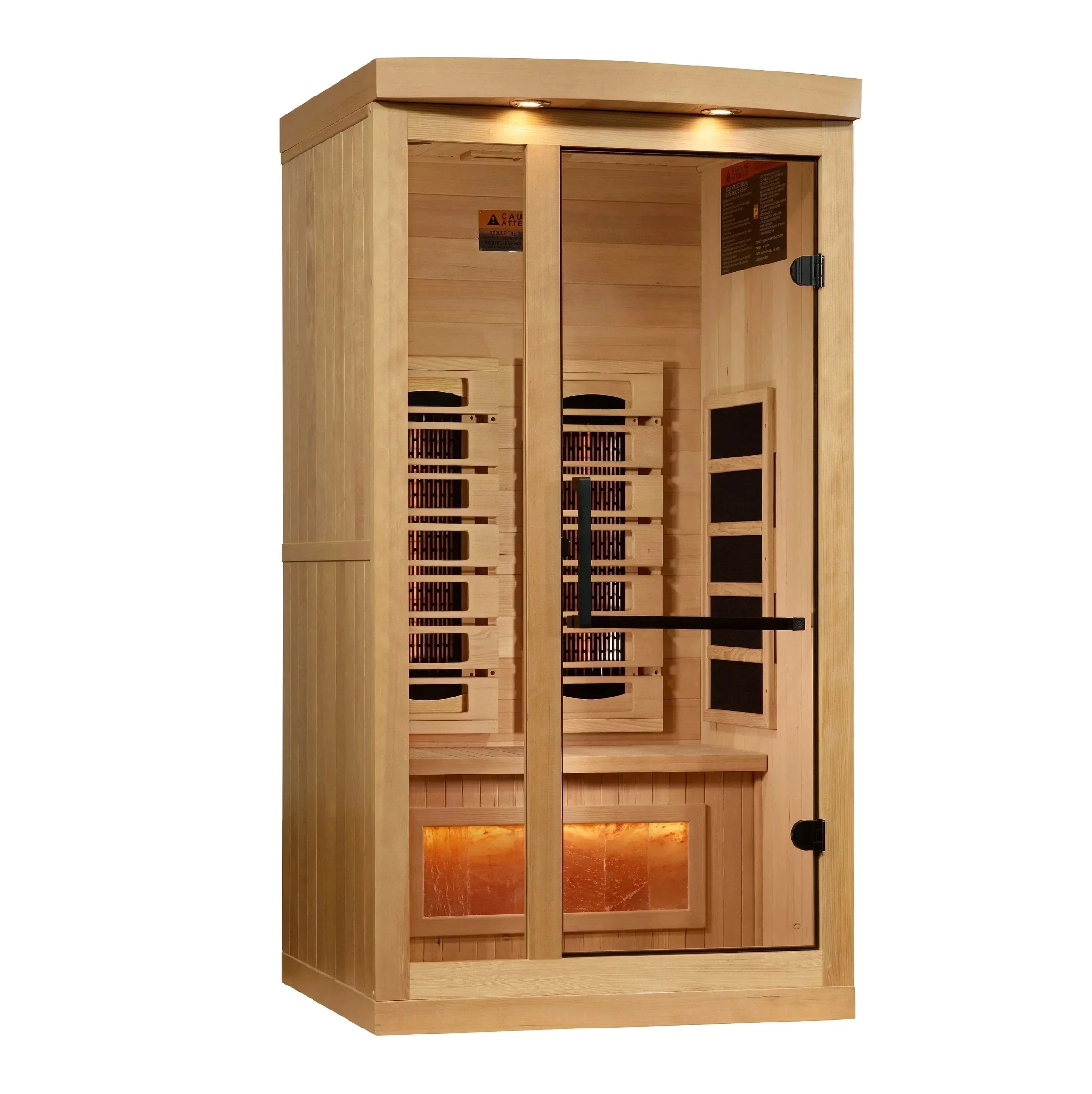 Golden Designs 2025 Reserve Edition 1-2 Person Full Spectrum Infrared Sauna with Himalayan Salt Bar, modern indoor wellness sauna designed for deep relaxation, heat therapy, and premium home spa comfort.