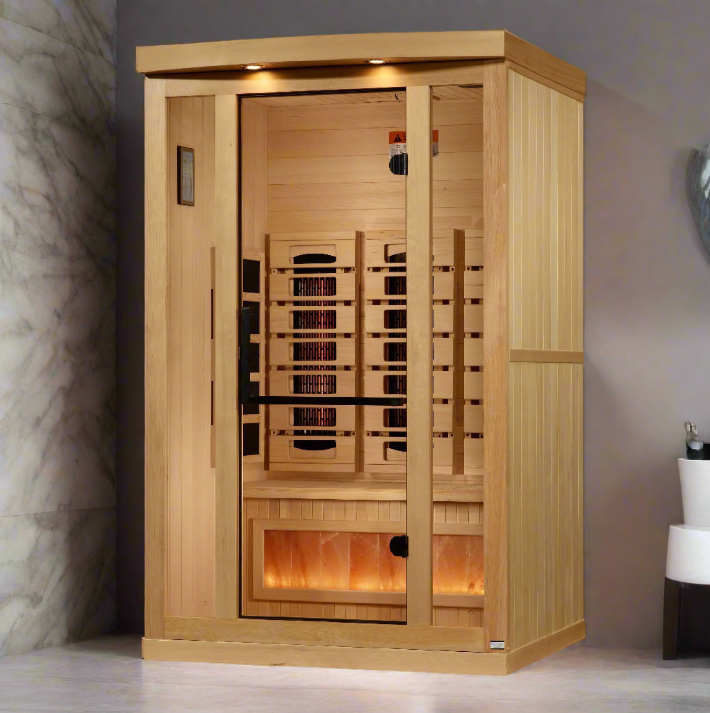 Golden Designs 2-person 2025 Reserve Edition infrared sauna with full spectrum heating, Himalayan salt bar, and premium Canadian Hemlock wood cabin design