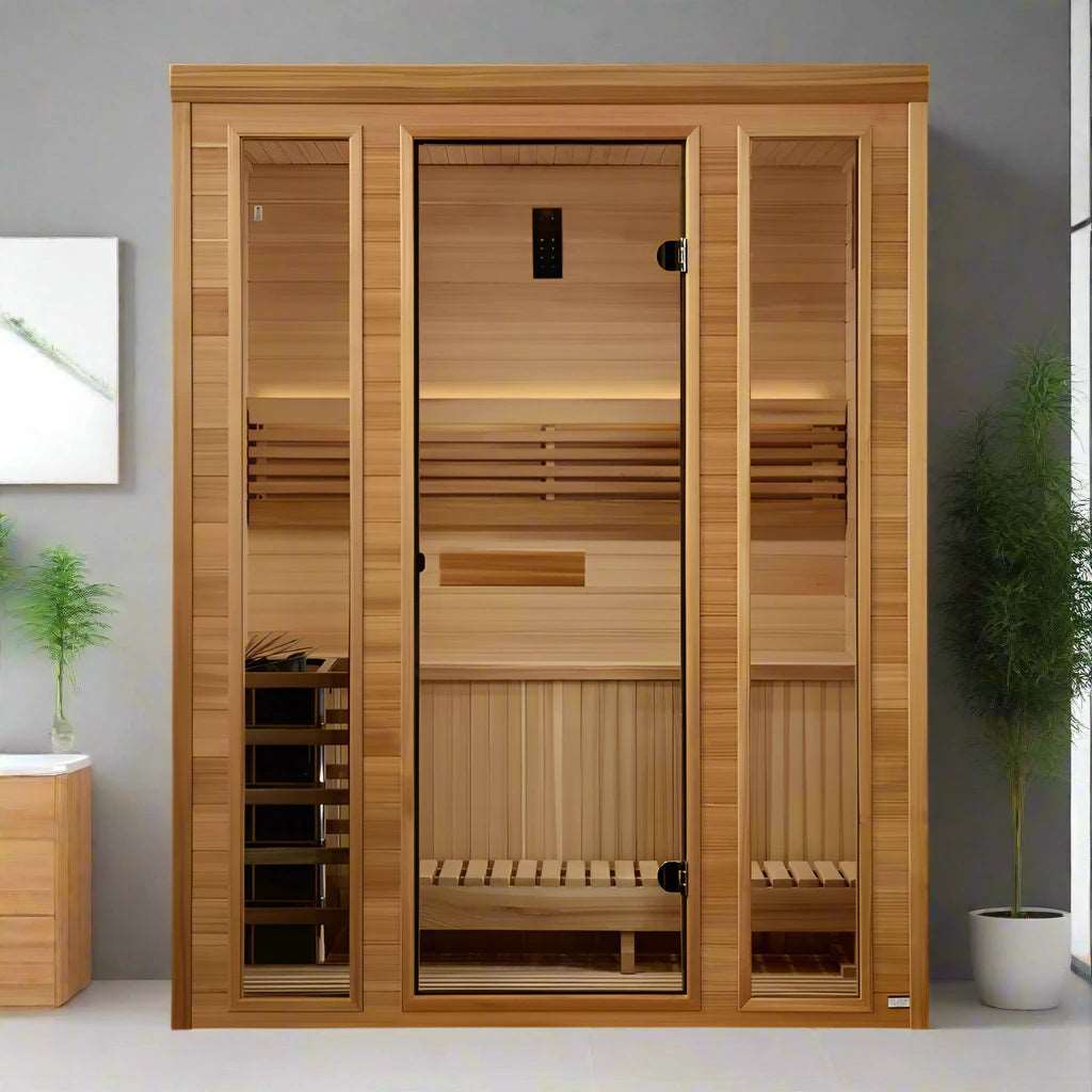 Indoor outdoor traditional steam sauna for 3 people Golden Designs Andermatt Edition with premium cedar wood finish and wellness design