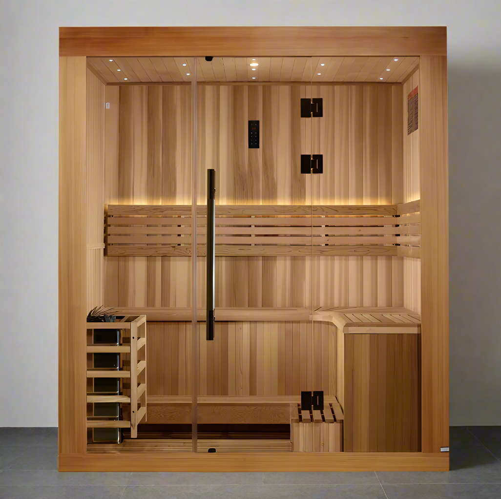 Compact home sauna for 3 people Golden Designs Copenhagen Edition with Harvia 8kW heater and durable cedar wood craftsmanship