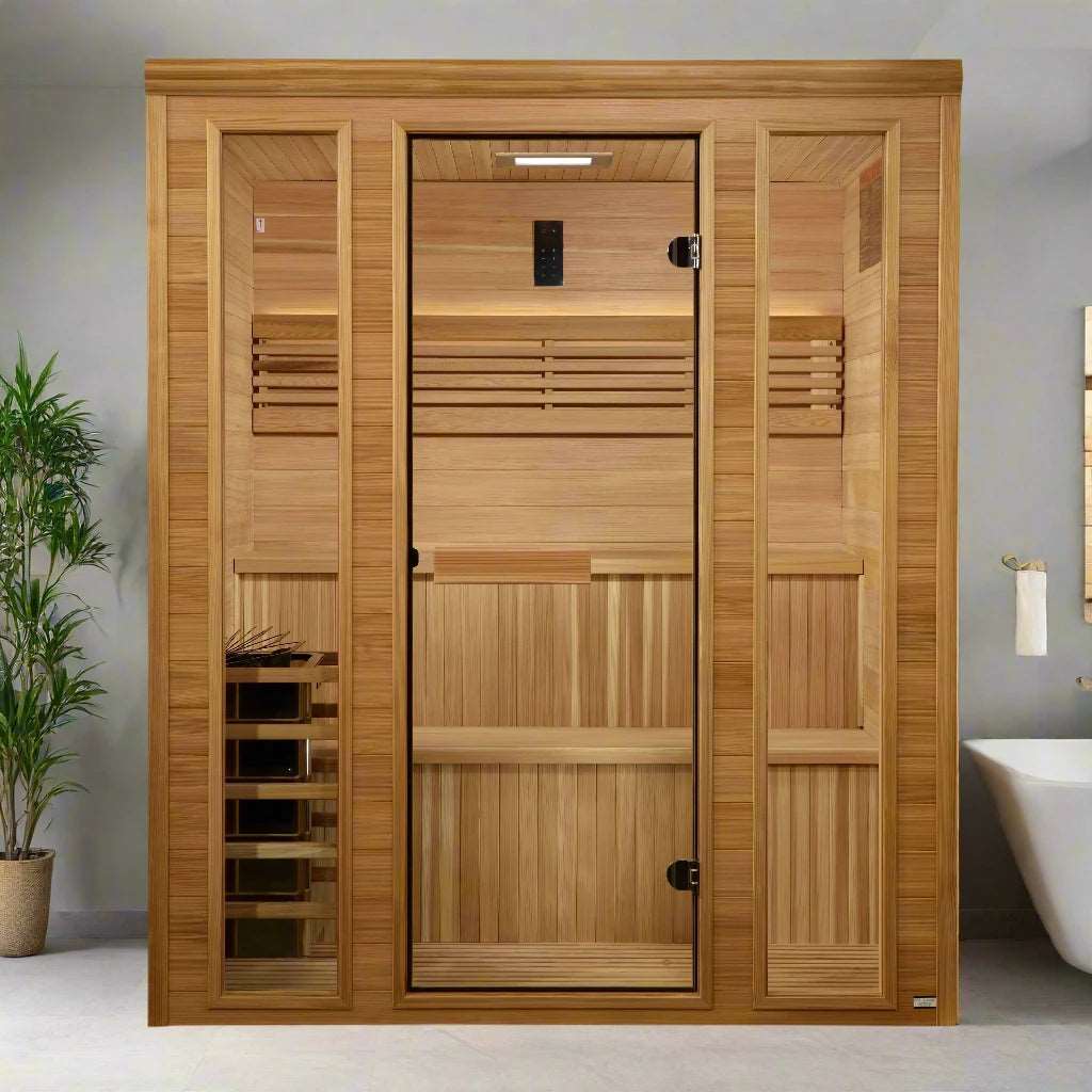 Golden Designs Engelberg Edition indoor traditional steam sauna with room for six users, durable wood construction, and premium wellness features.
