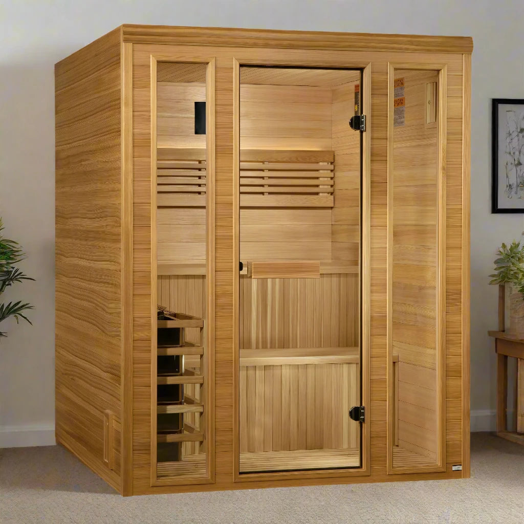 Golden Designs 2025 Engelberg Traditional Sauna for 6 people built with high-quality natural wood and traditional heating technology for deep relaxation.