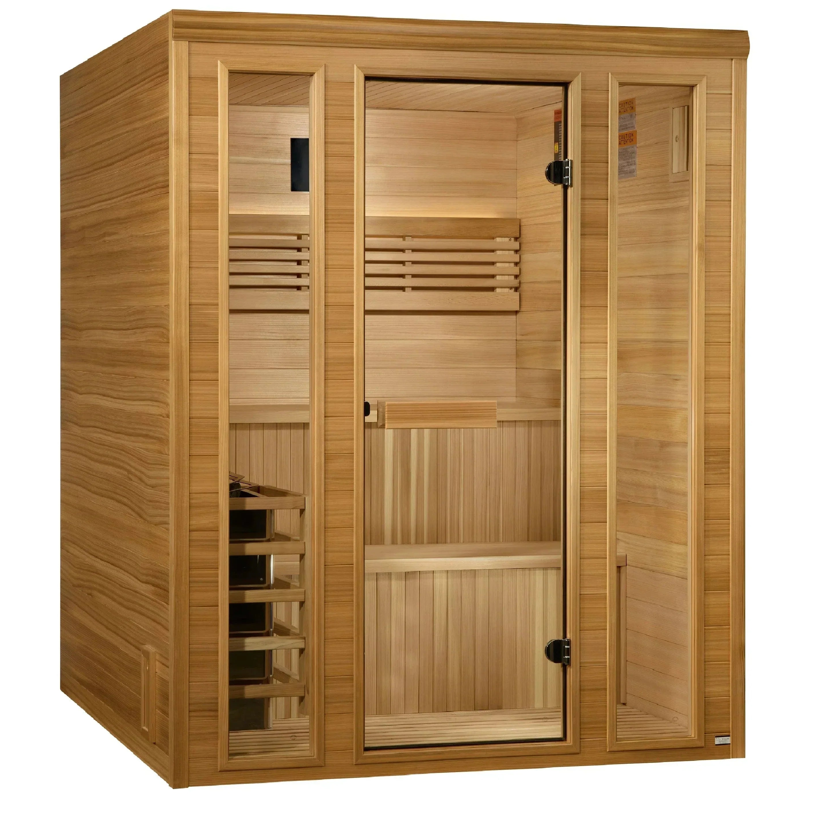 Golden Designs 2025 Engelberg Edition 6 Person Traditional Steam Sauna crafted with premium natural wood, spacious interior seating, and powerful traditional sauna heating for an authentic home wellness experience.