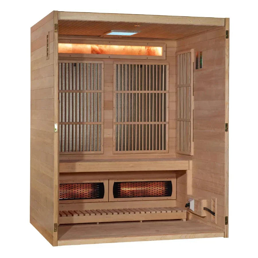 Golden Designs Soria GDI-8330-01 3-person indoor hybrid sauna made from Canadian hemlock wood featuring full spectrum infrared and Harvia traditional stove heating system