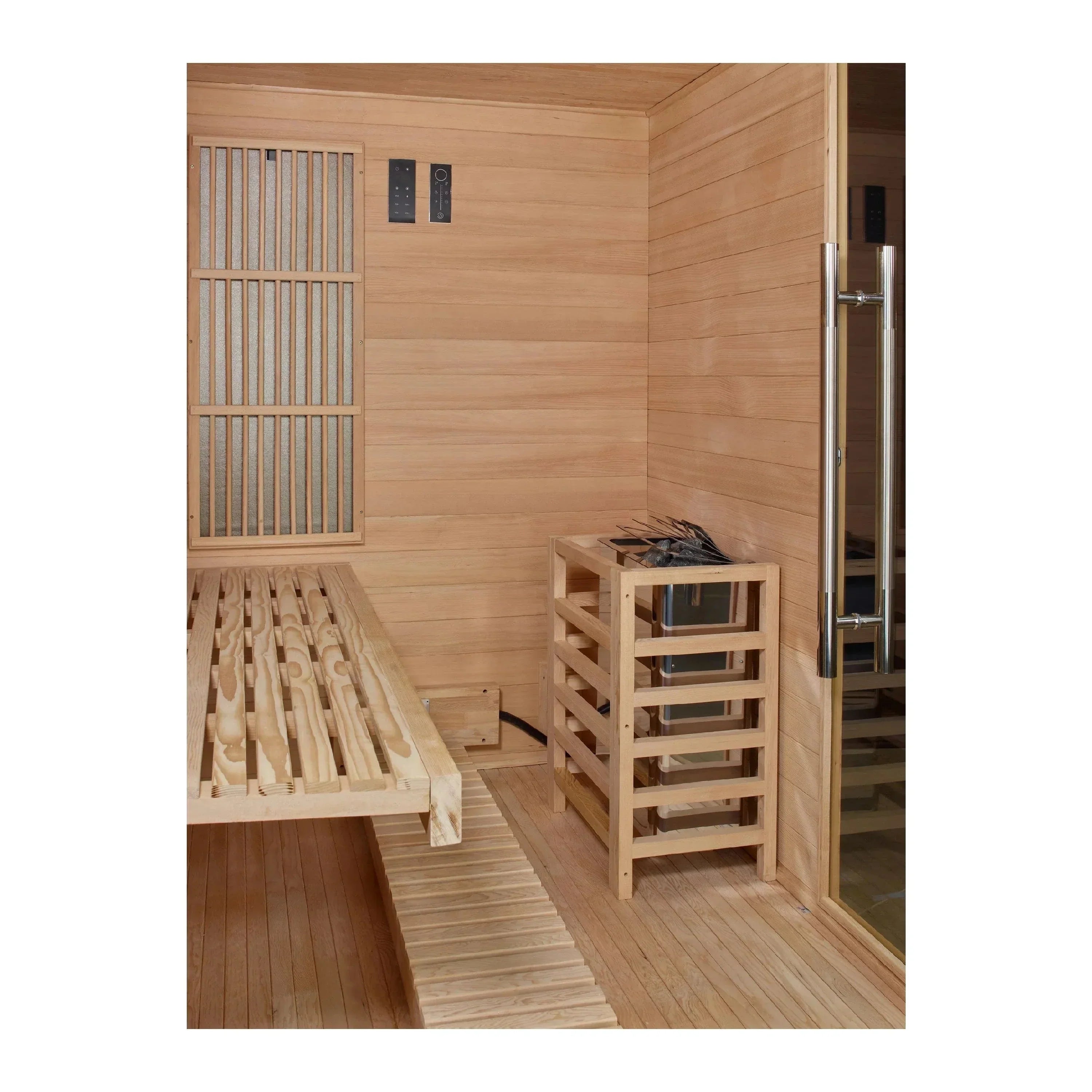 Luxury 3-person indoor hybrid sauna with infrared full spectrum emitters and Harvia 6KW stove for home wellness and relaxation