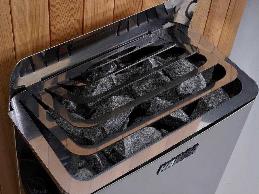 Premium 2025 Toledo indoor sauna for 6 people featuring hybrid heating technology and natural Canadian Hemlock wood interior