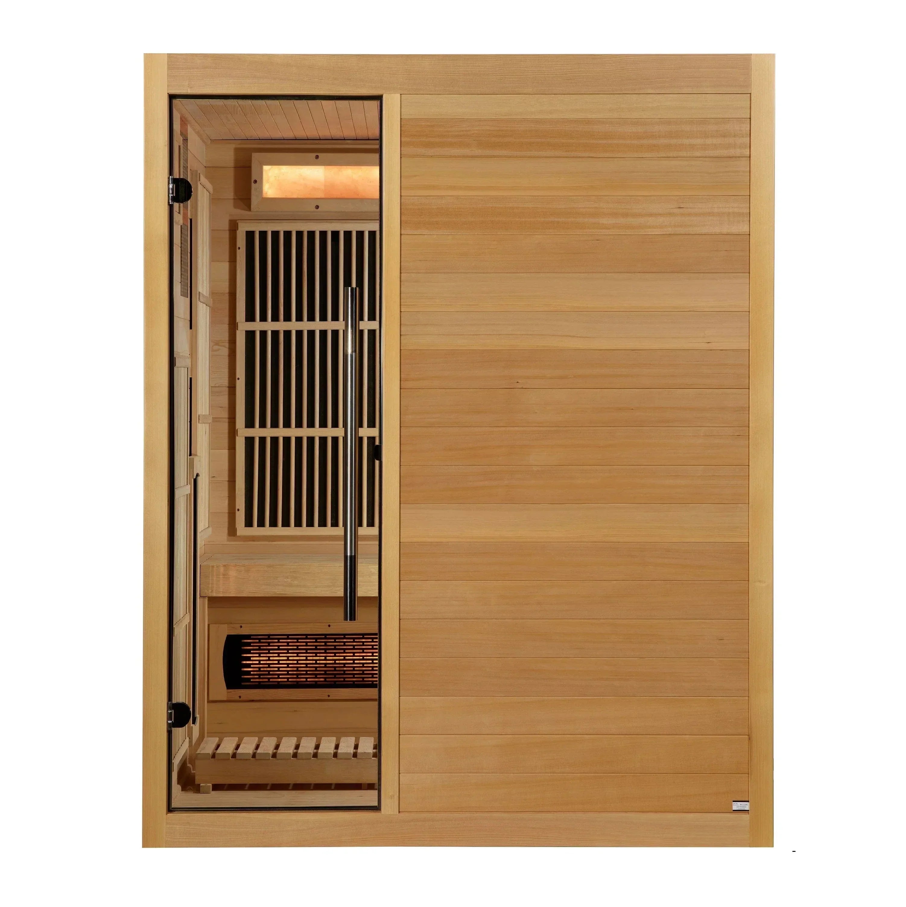 Interior of Golden Designs Soria hybrid sauna featuring natural Canadian Hemlock wood, a floating bench, and a built-in Himalayan salt bar with red light chromotherapy.
