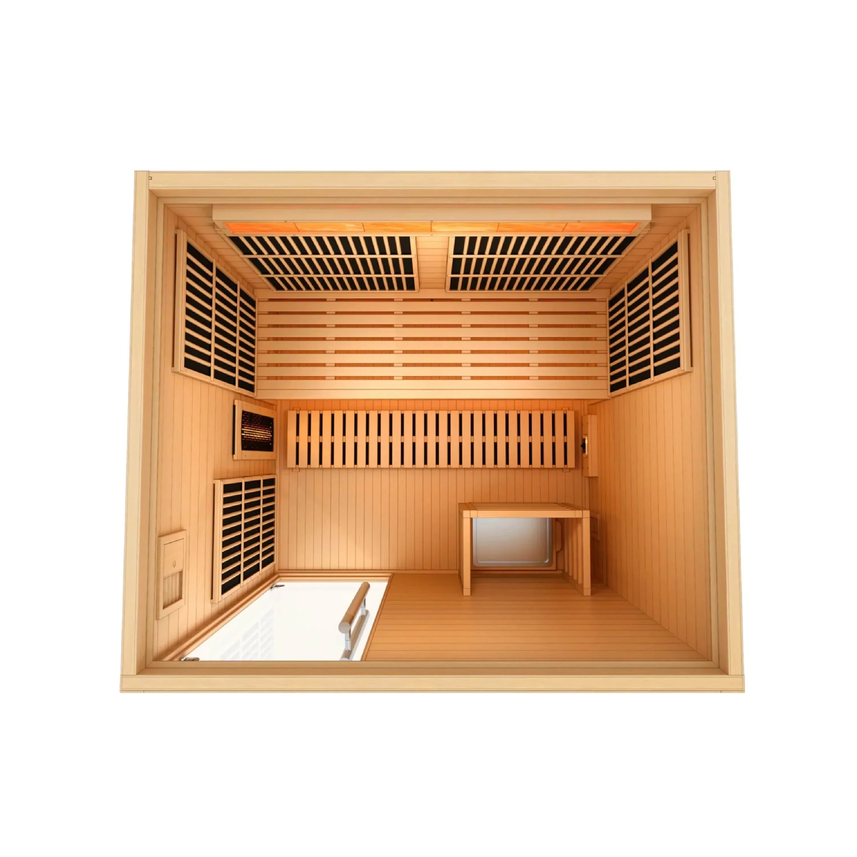 Golden Designs Soria indoor sauna cabin with Canadian hemlock wood construction and dual heating infrared and traditional stove system