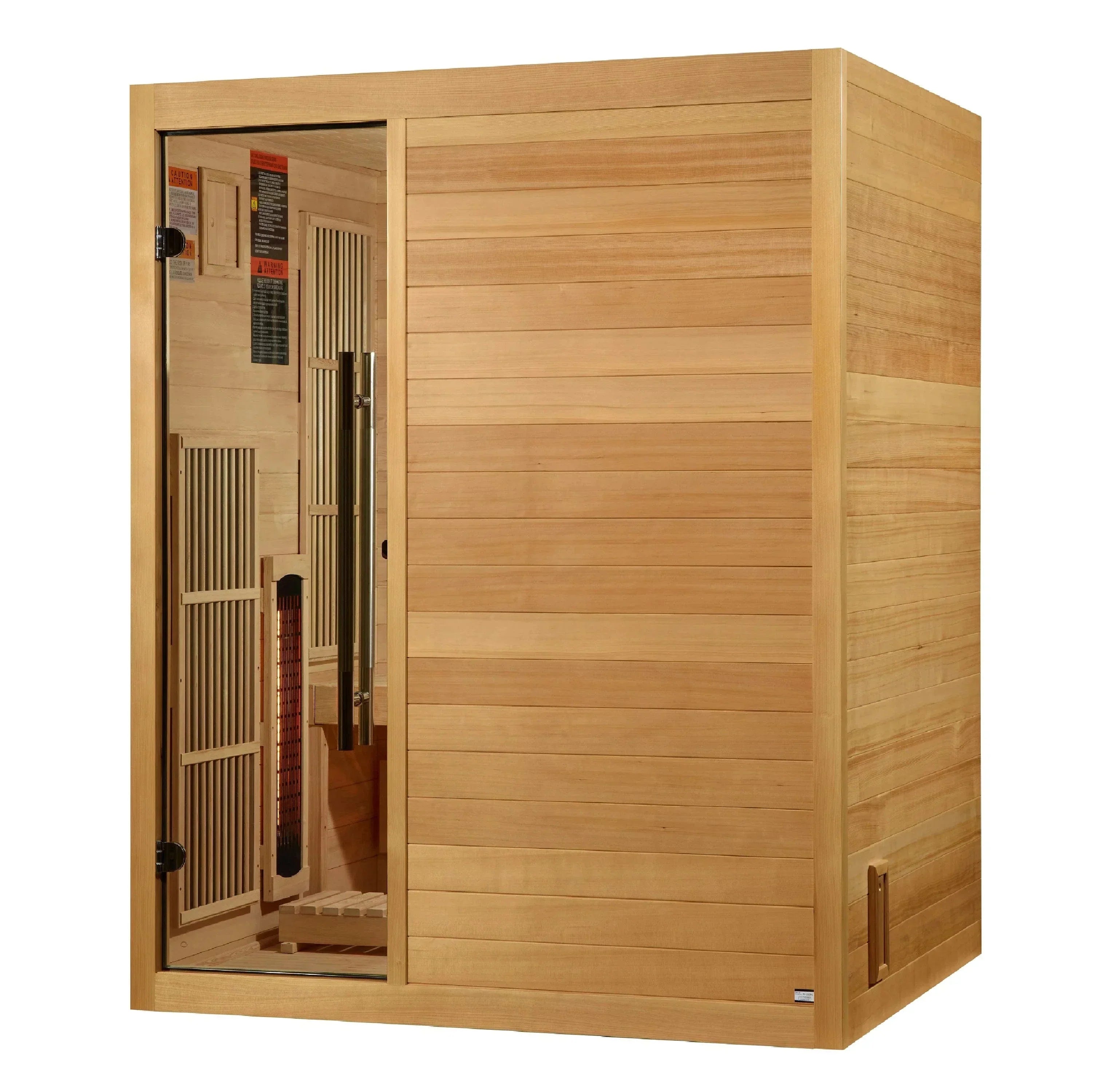 Golden Designs Soria indoor sauna dual-heating system showcasing a Harvia 6KW traditional stove alongside Carbon PureTech full spectrum infrared emitters.
