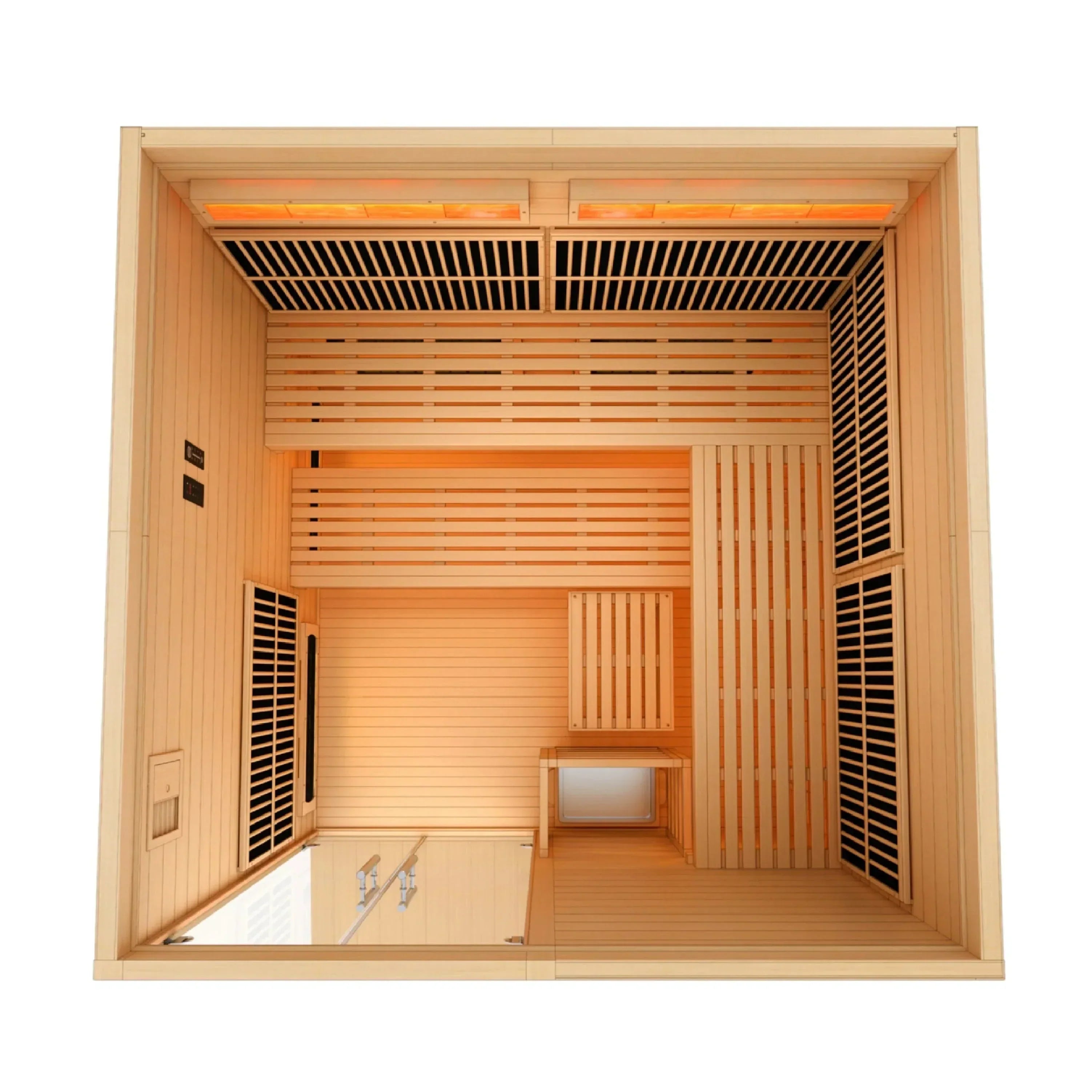 Golden Designs Toledo 6 Person Hybrid Indoor Sauna with infrared and Harvia stove, made from Canadian Hemlock wood