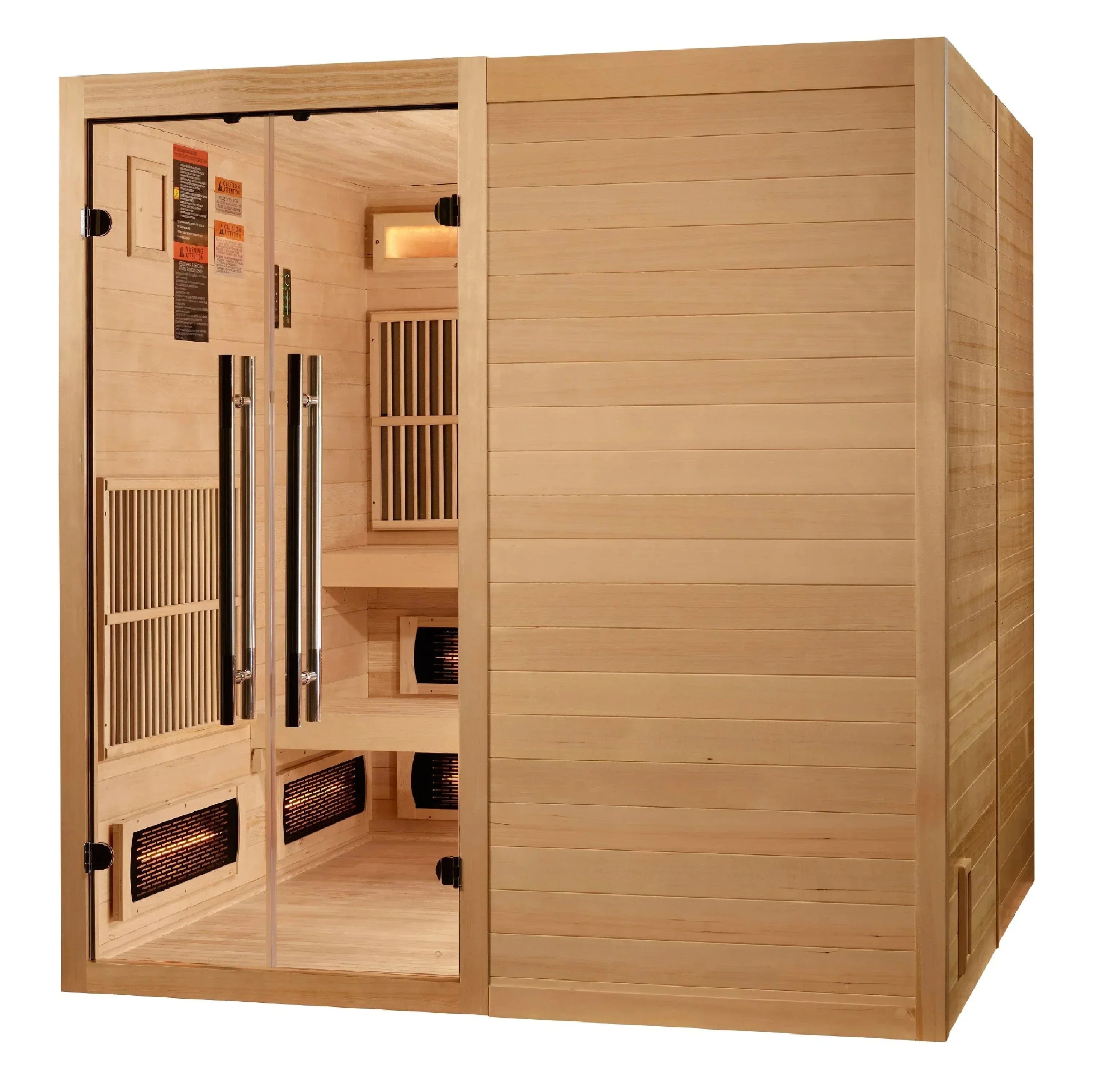 Golden Designs Toledo indoor hybrid sauna with the removable bench system cleared to create a large open space for hot yoga and stretching.