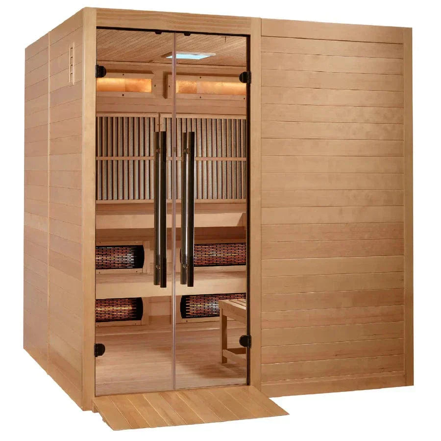 6 person Toledo hybrid indoor sauna with infrared and traditional stove system, Canadian Hemlock wood construction