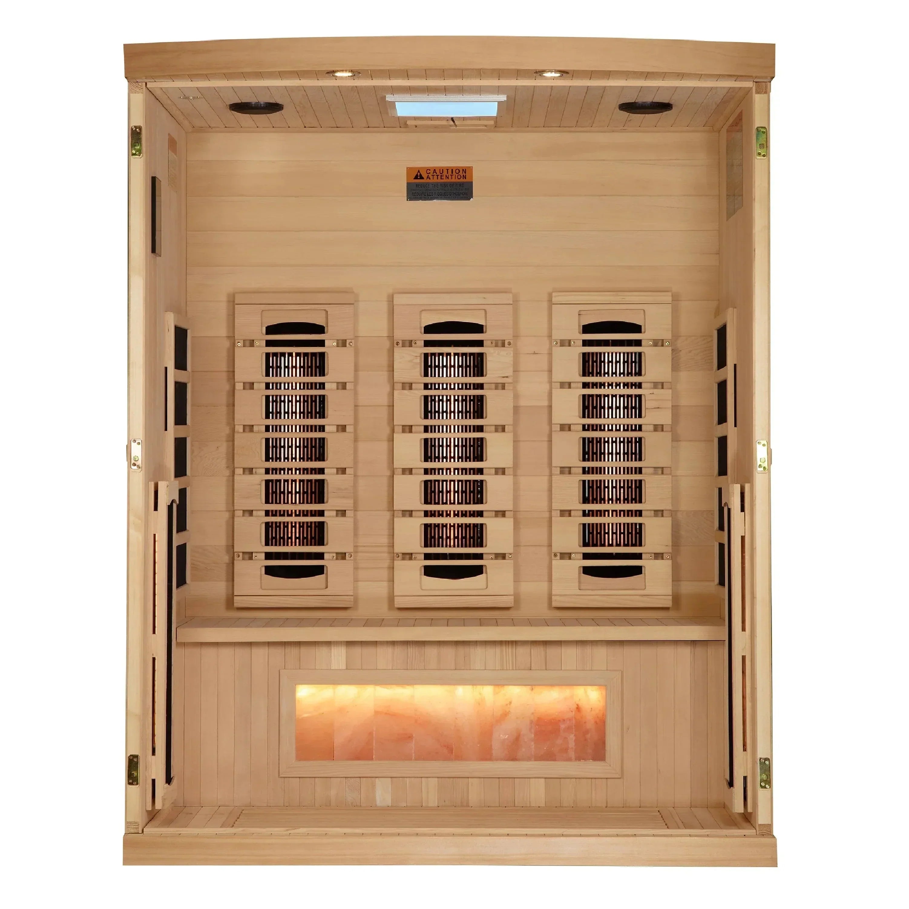 Golden Designs 3-person Reserve Edition full spectrum sauna installed in a residential wellness suite with the red light chromotherapy system activated.