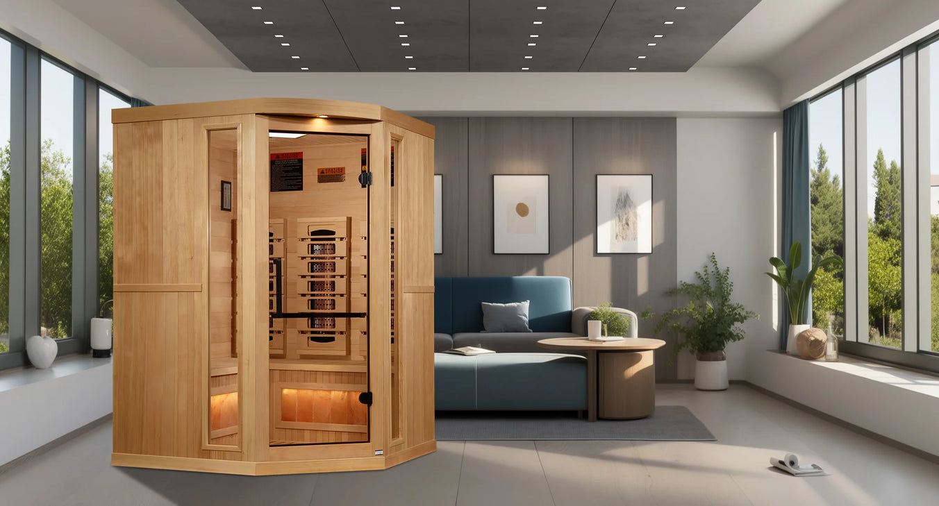 Luxury Golden Designs 3-person corner sauna with full spectrum infrared technology and Himalayan salt bar – 2025 Reserve Edition home spa wellness cabin