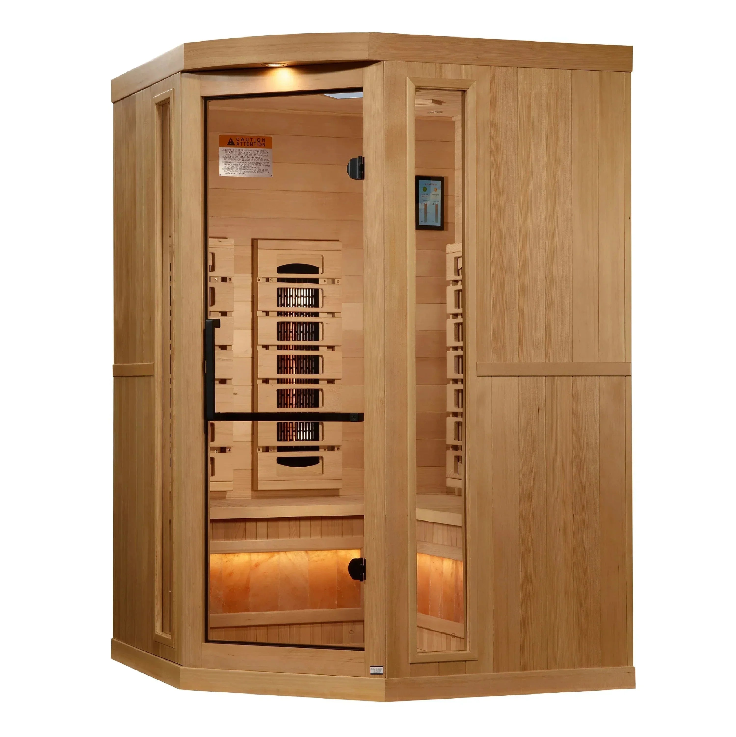 Ergonomic interior bench seating and full spectrum infrared heating panels inside a Golden Designs GDI-8035-03 3-person corner sauna.