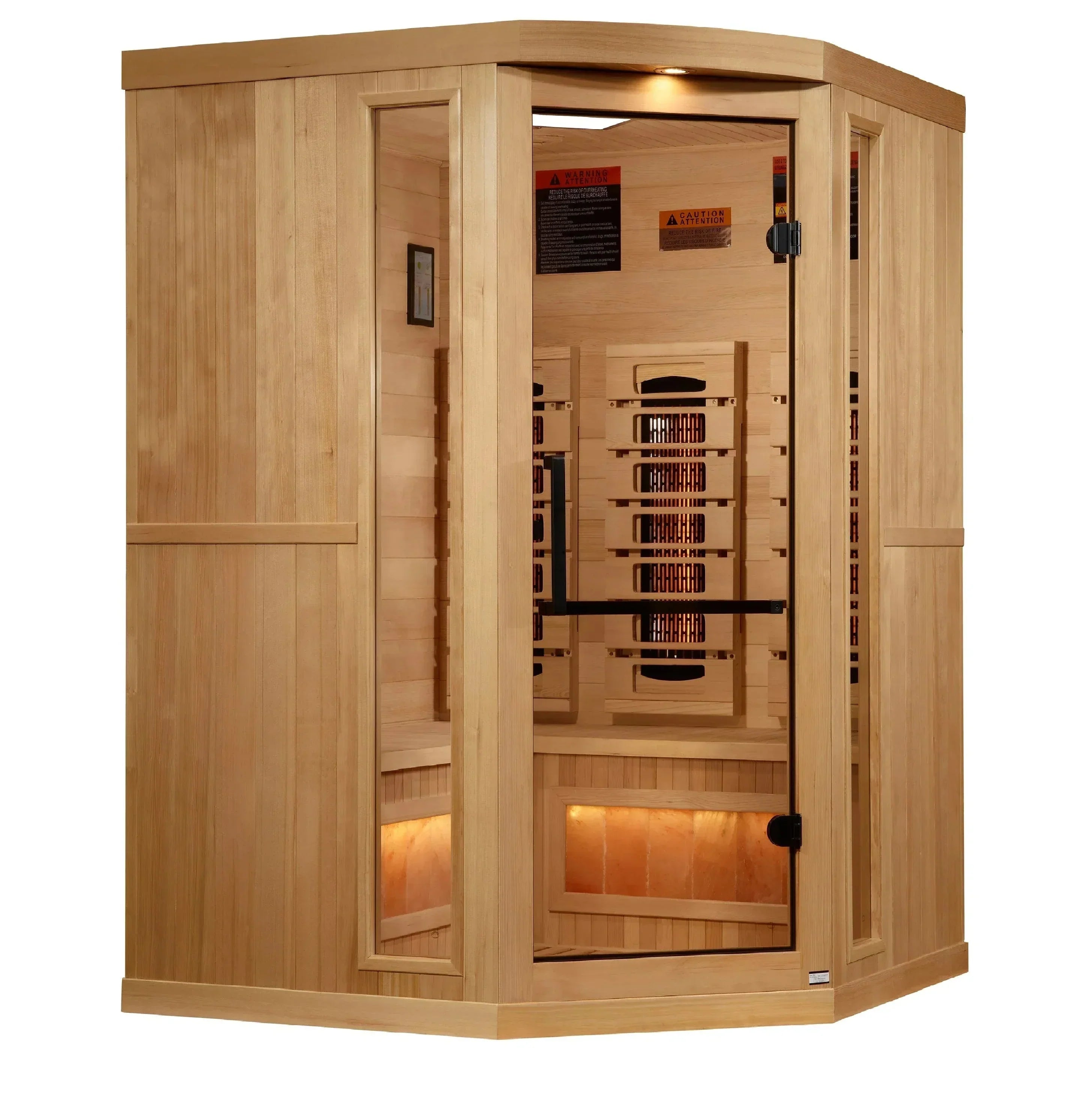 Golden Designs 2025 Reserve Edition GDI-8035-03 3-person corner full spectrum infrared sauna cabin built from natural Canadian Hemlock wood.