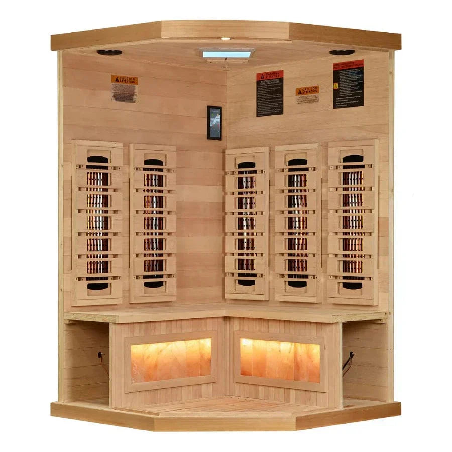 Golden Designs 3-person Reserve Edition corner full spectrum sauna perfectly installed in a luxury home gym corner utilizing space-saving architecture.